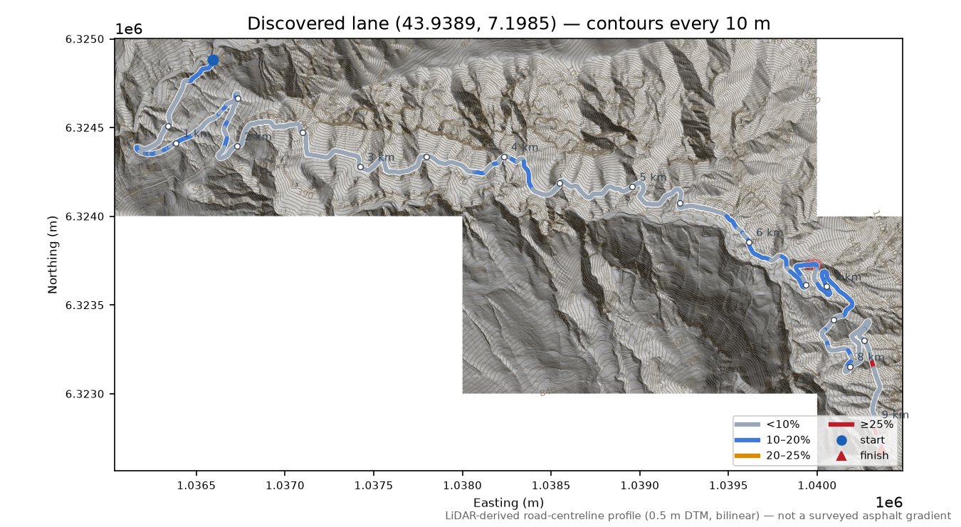 Discovered lane (43.9389, 7.1985) LiDAR hillshade map with contours