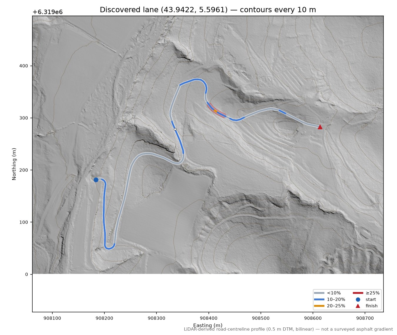 Discovered lane (43.9422, 5.5961) LiDAR hillshade map with contours