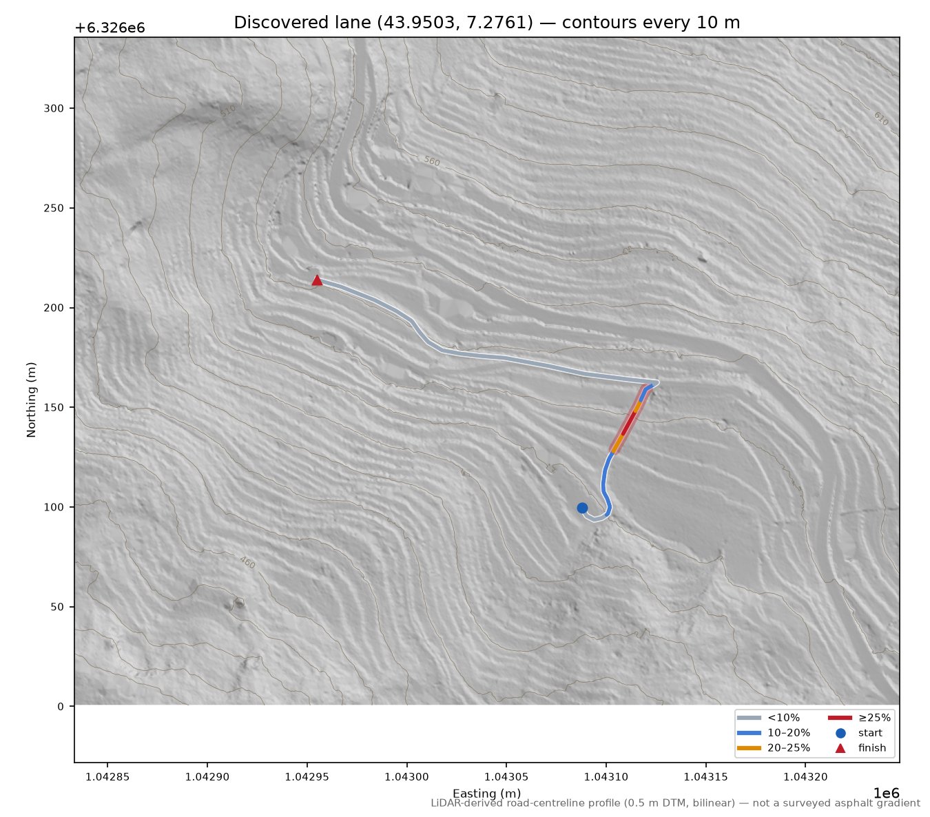 Discovered lane (43.9503, 7.2761) LiDAR hillshade map with contours