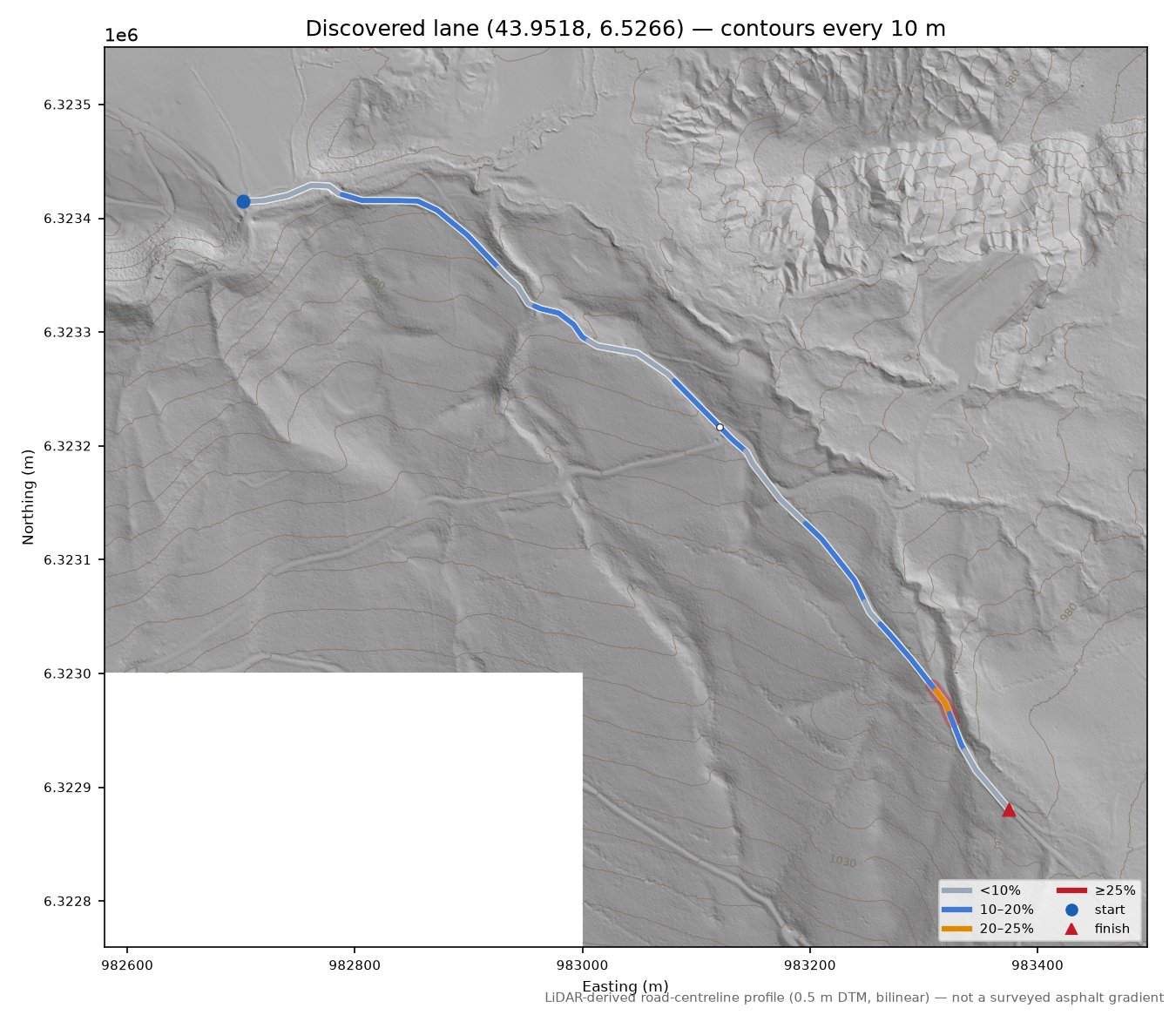 Discovered lane (43.9518, 6.5266) LiDAR hillshade map with contours
