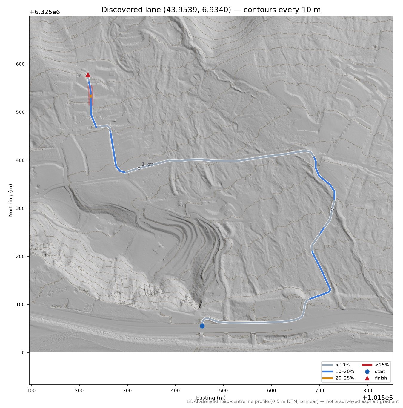 Discovered lane (43.9539, 6.9340) LiDAR hillshade map with contours