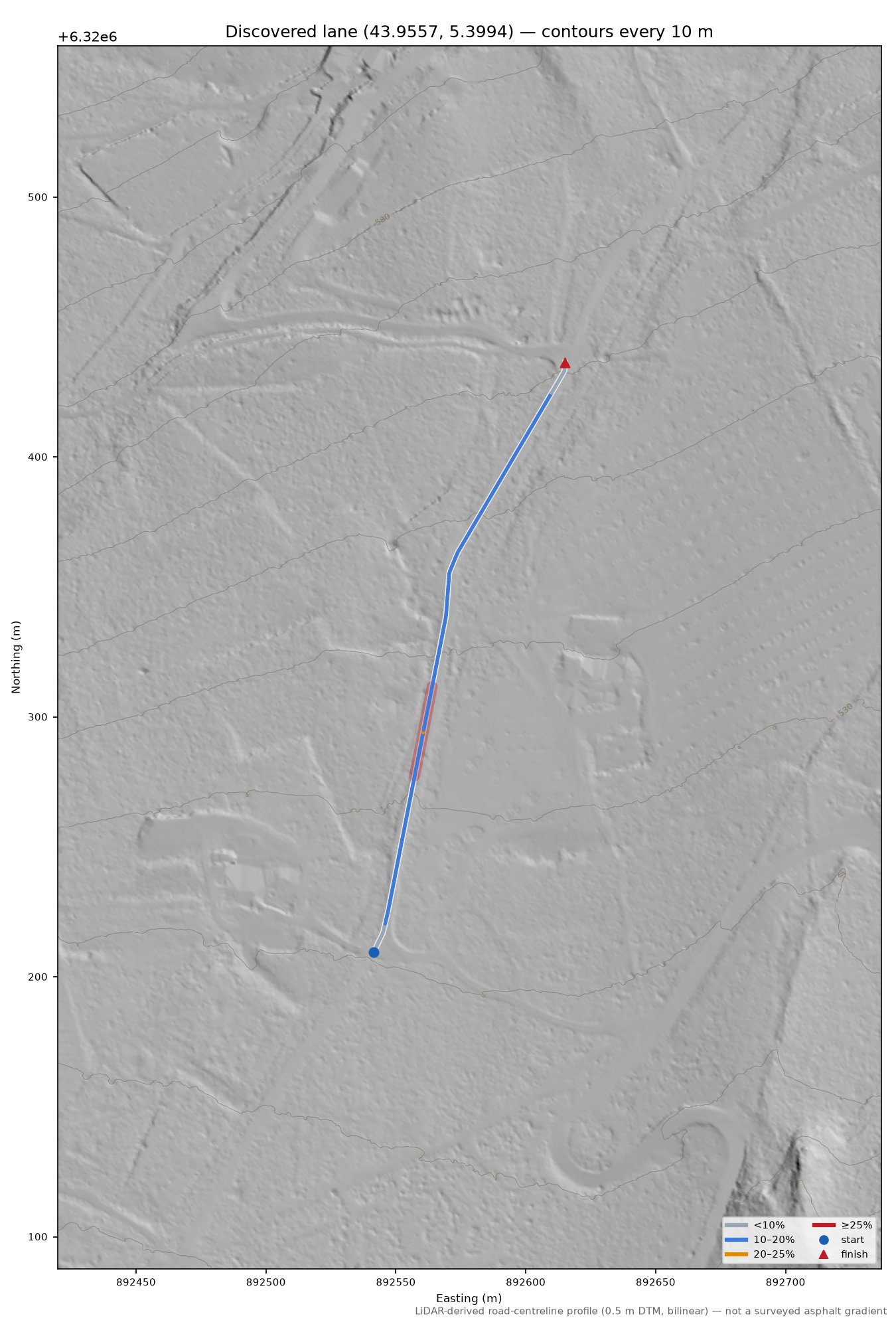 Discovered lane (43.9557, 5.3994) LiDAR hillshade map with contours