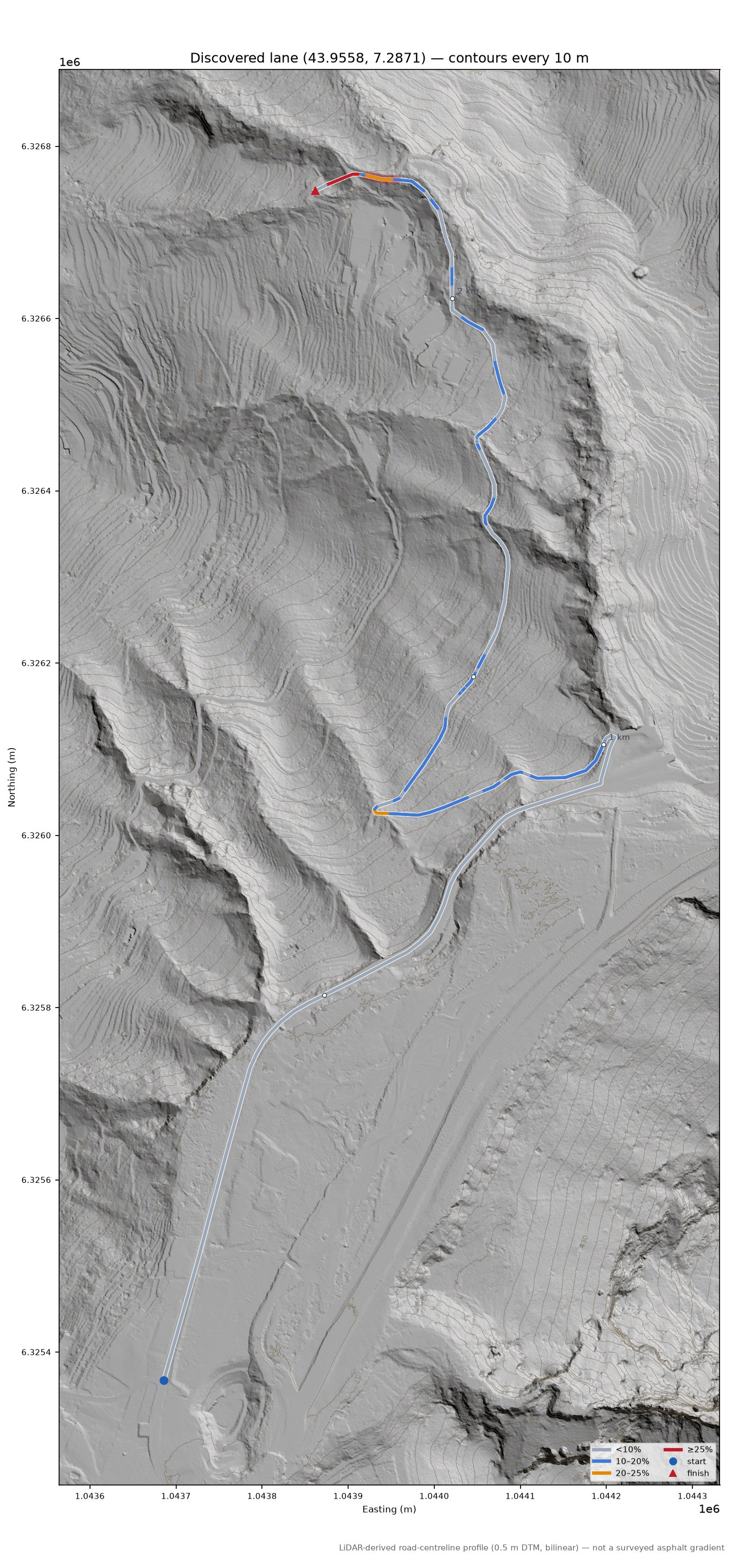 Discovered lane (43.9558, 7.2871) LiDAR hillshade map with contours