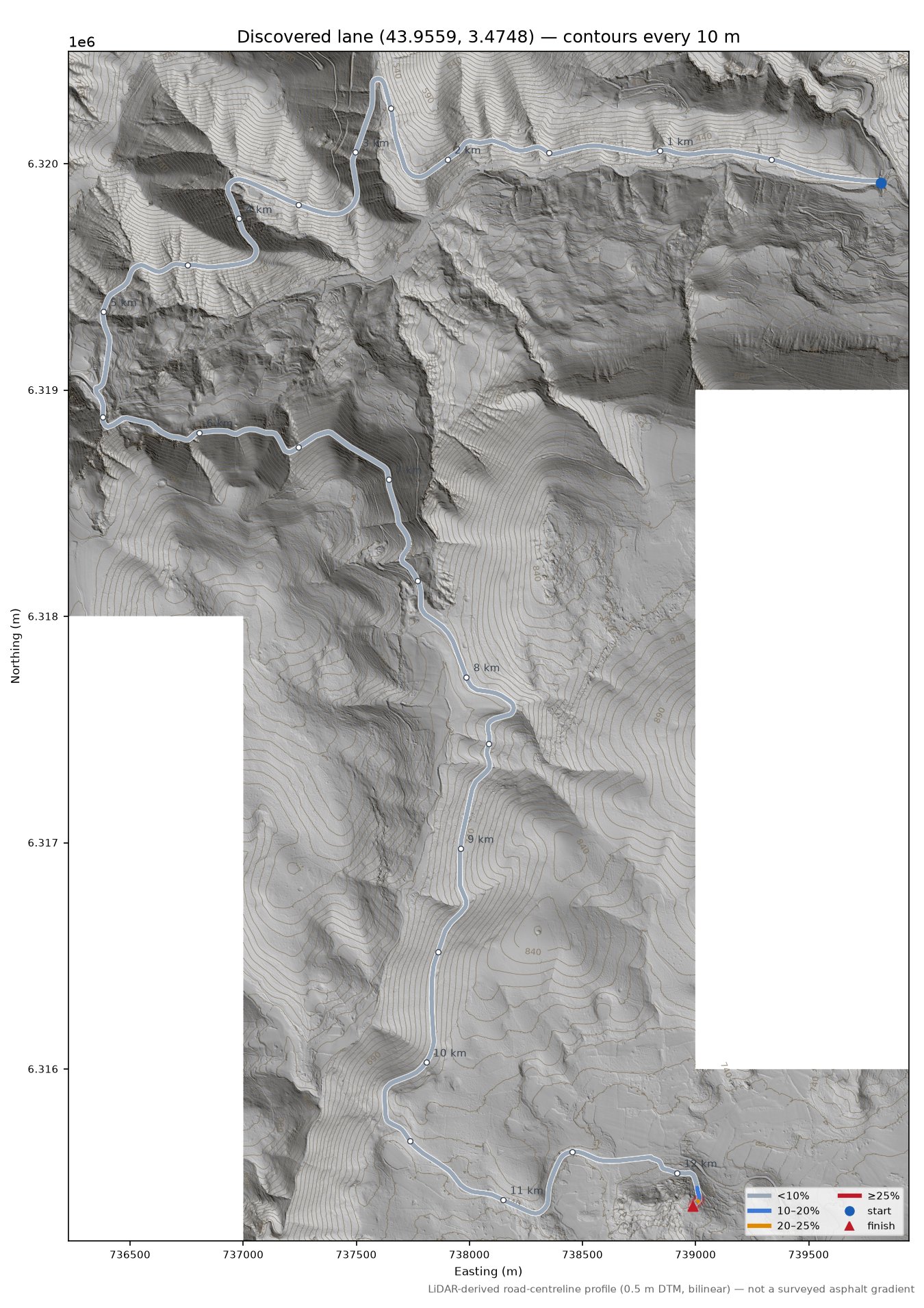 Discovered lane (43.9559, 3.4748) LiDAR hillshade map with contours