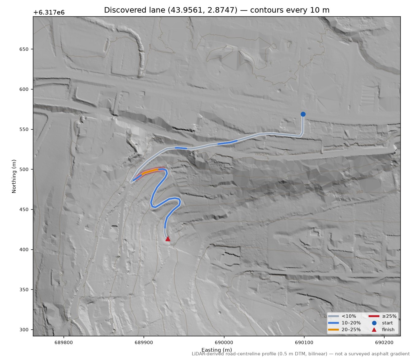 Discovered lane (43.9561, 2.8747) LiDAR hillshade map with contours