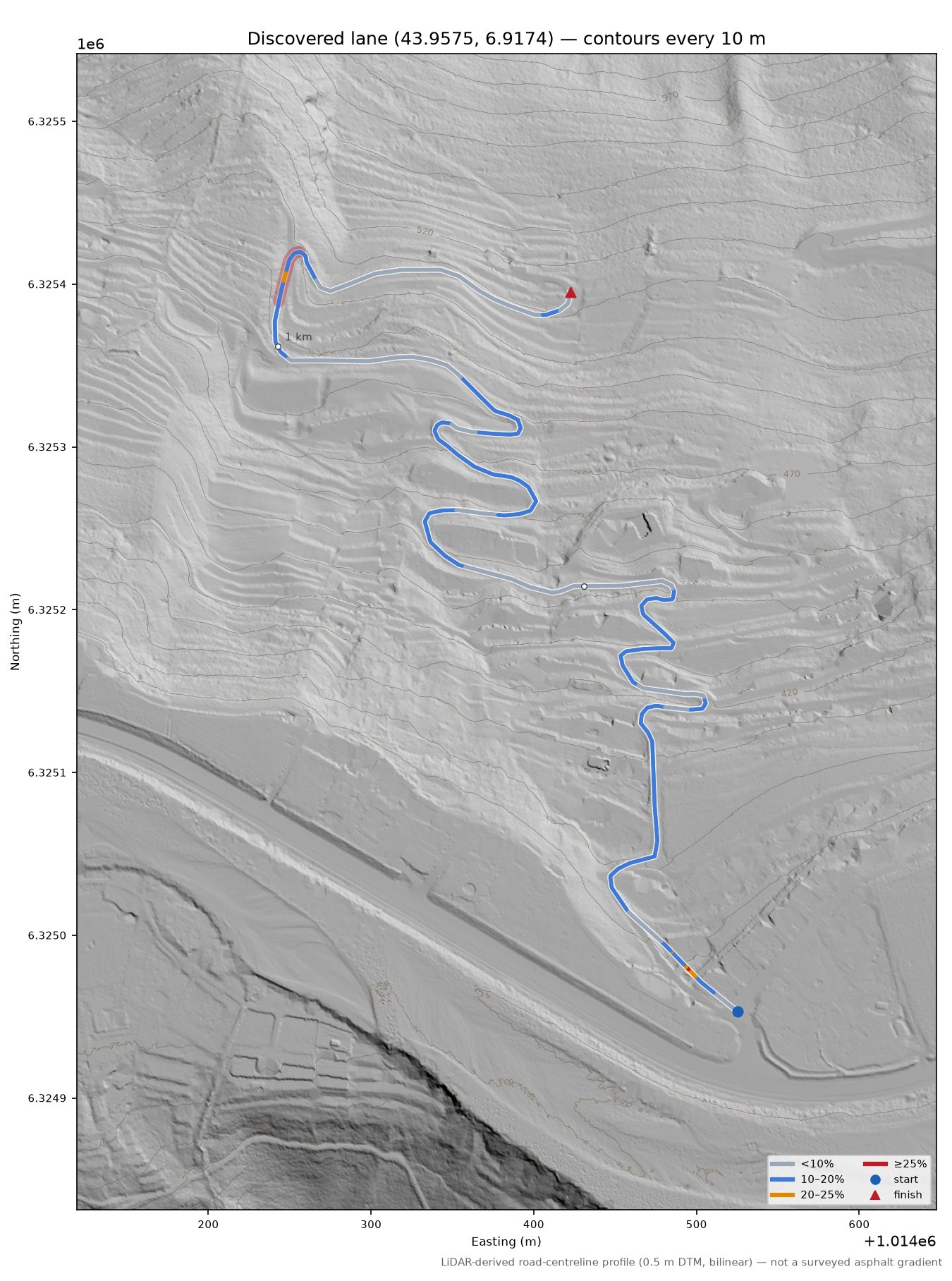 Discovered lane (43.9575, 6.9174) LiDAR hillshade map with contours