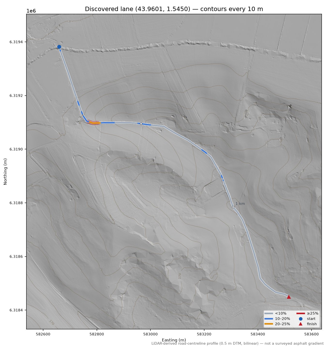 Discovered lane (43.9601, 1.5450) LiDAR hillshade map with contours