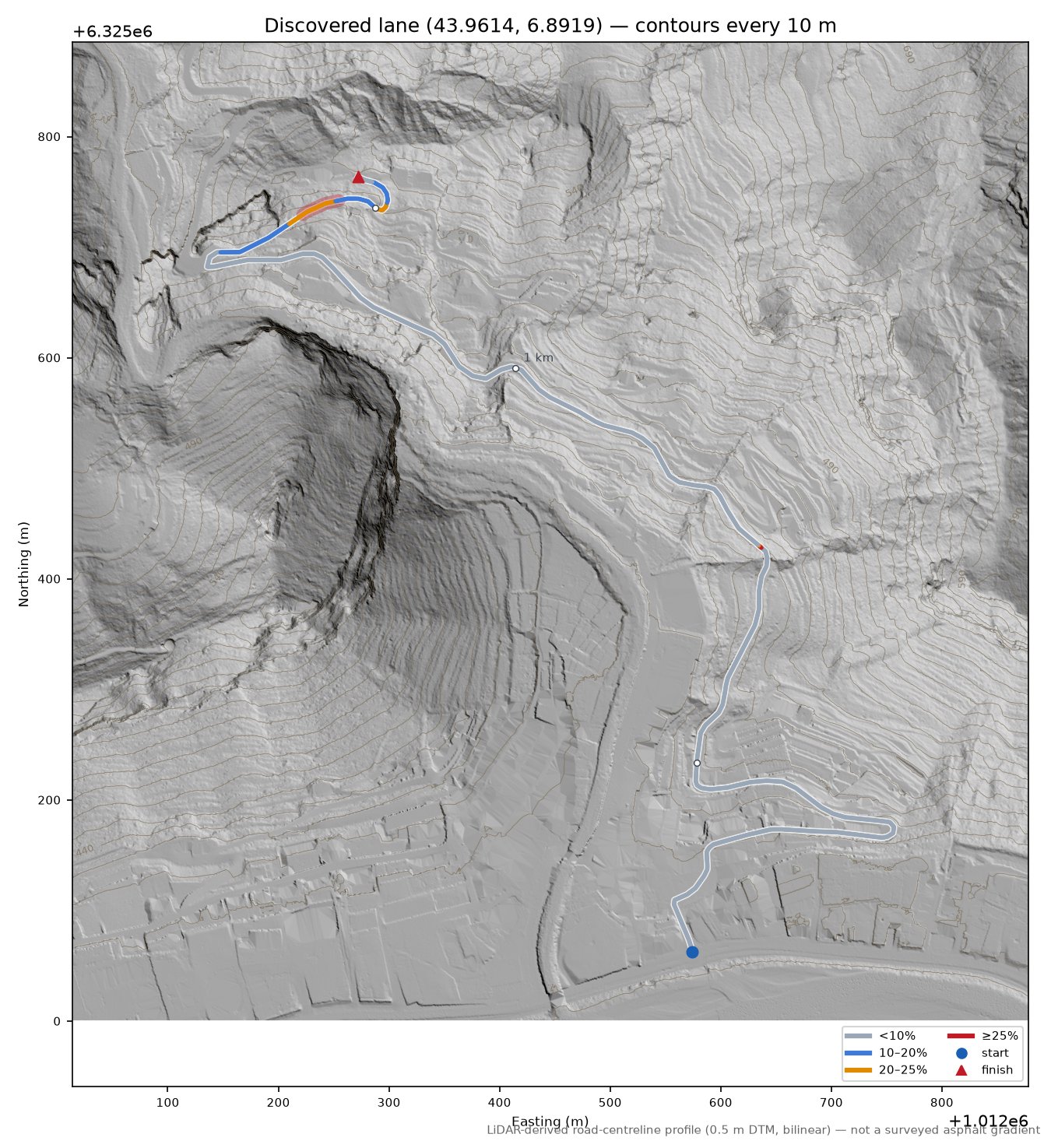 Discovered lane (43.9614, 6.8919) LiDAR hillshade map with contours