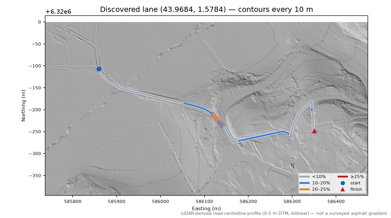 Discovered lane (43.9684, 1.5784) LiDAR hillshade map with contours