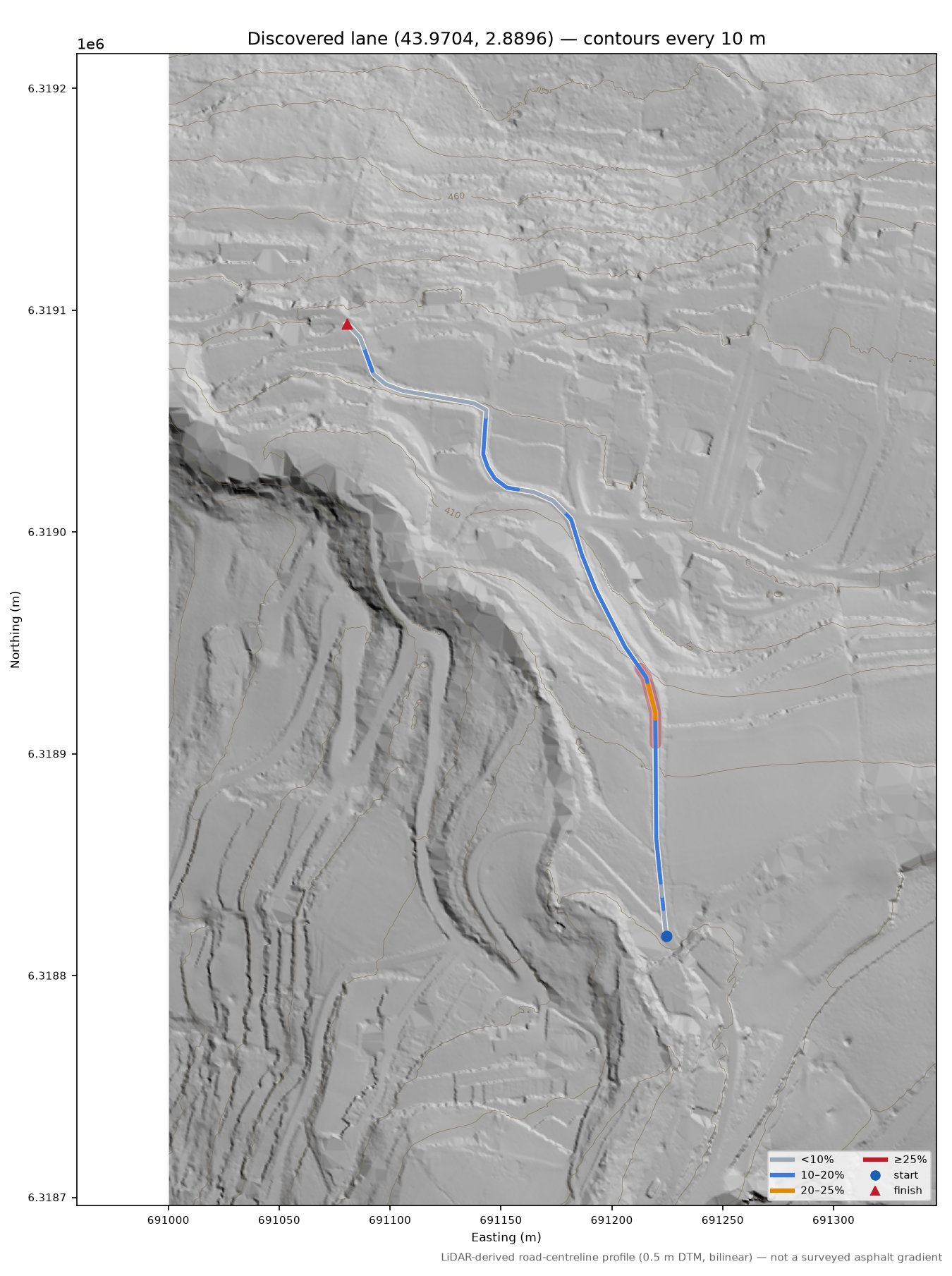 Discovered lane (43.9704, 2.8896) LiDAR hillshade map with contours