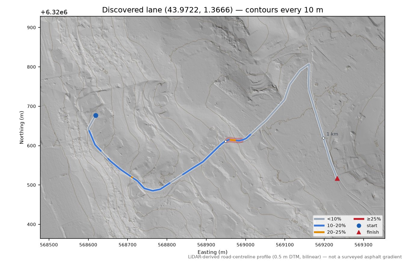 Discovered lane (43.9722, 1.3666) LiDAR hillshade map with contours
