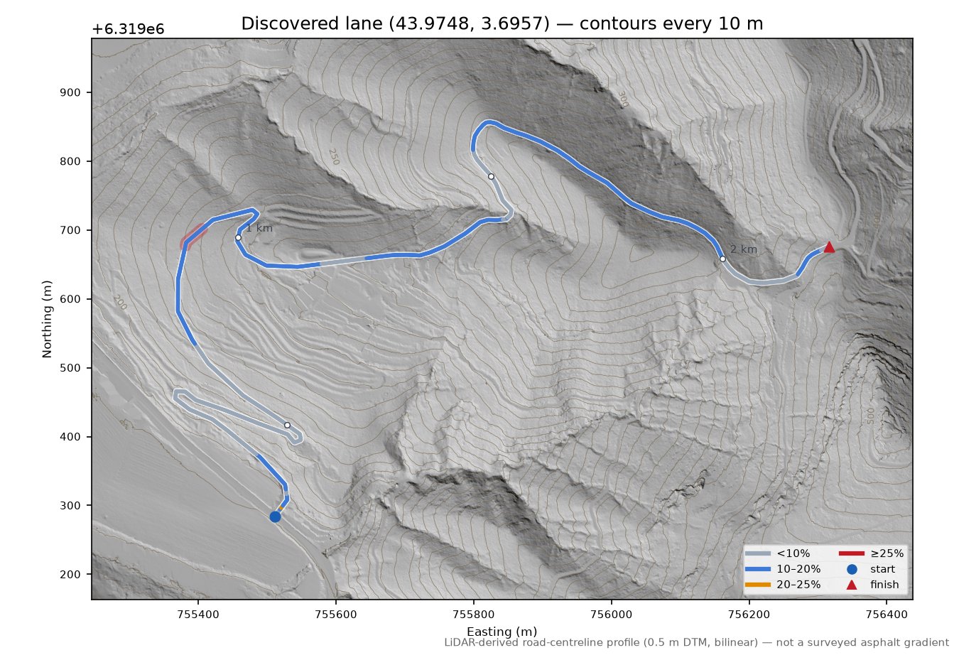 Discovered lane (43.9748, 3.6957) LiDAR hillshade map with contours