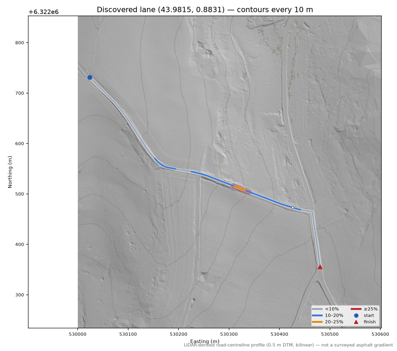 Discovered lane (43.9815, 0.8831) LiDAR hillshade map with contours