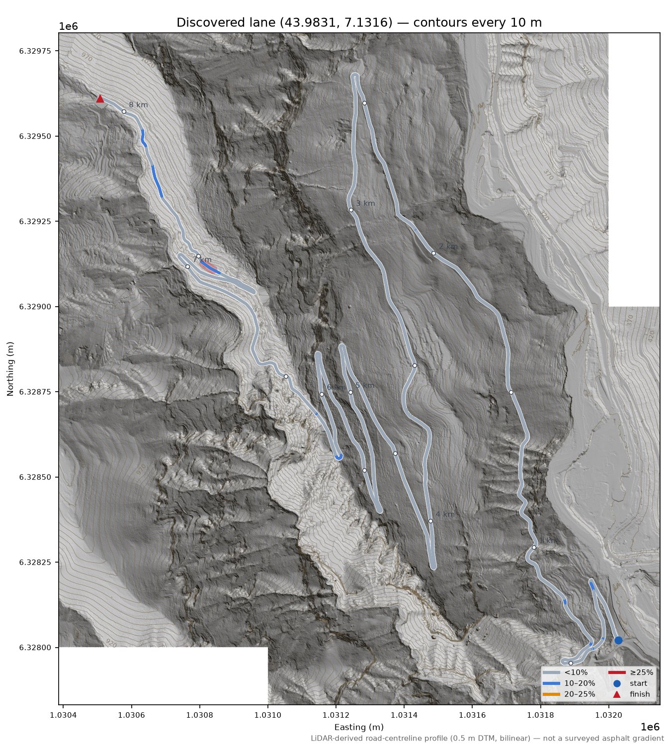 Discovered lane (43.9831, 7.1316) LiDAR hillshade map with contours