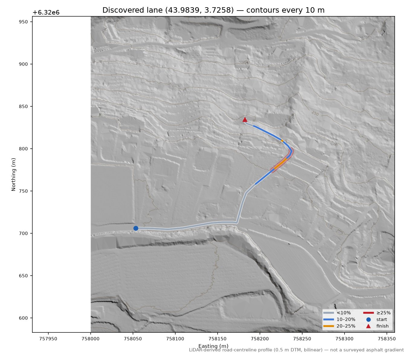 Discovered lane (43.9839, 3.7258) LiDAR hillshade map with contours