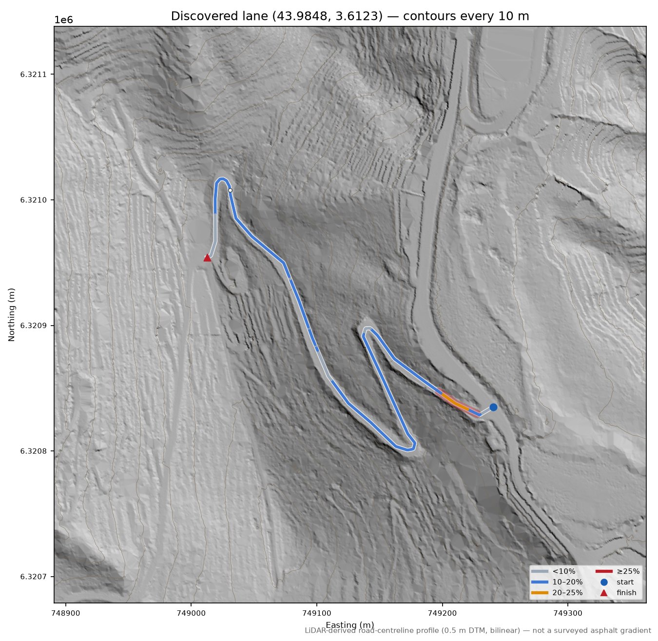 Discovered lane (43.9848, 3.6123) LiDAR hillshade map with contours