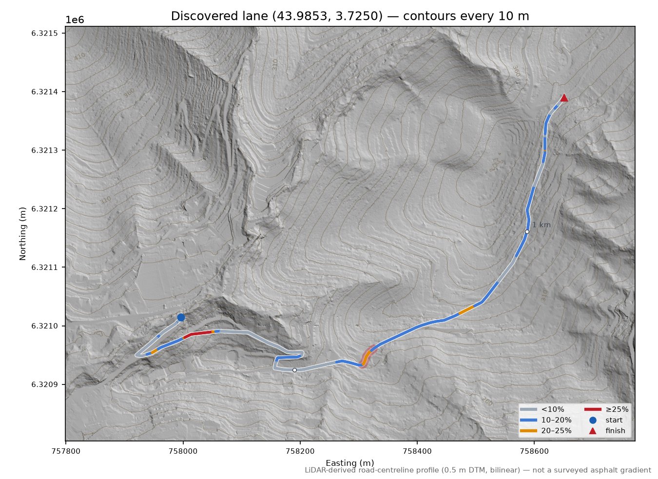 Discovered lane (43.9853, 3.7250) LiDAR hillshade map with contours