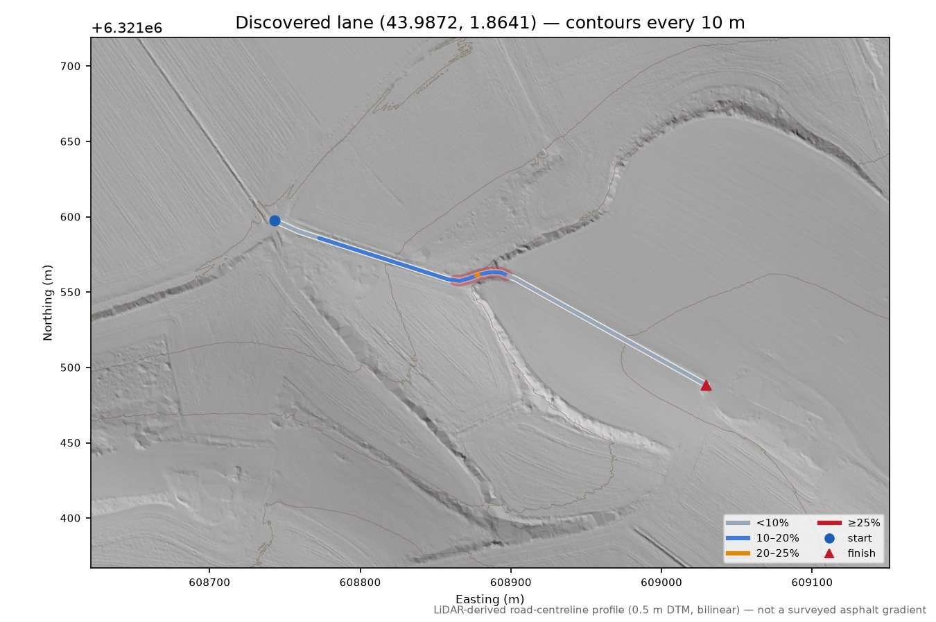 Discovered lane (43.9872, 1.8641) LiDAR hillshade map with contours