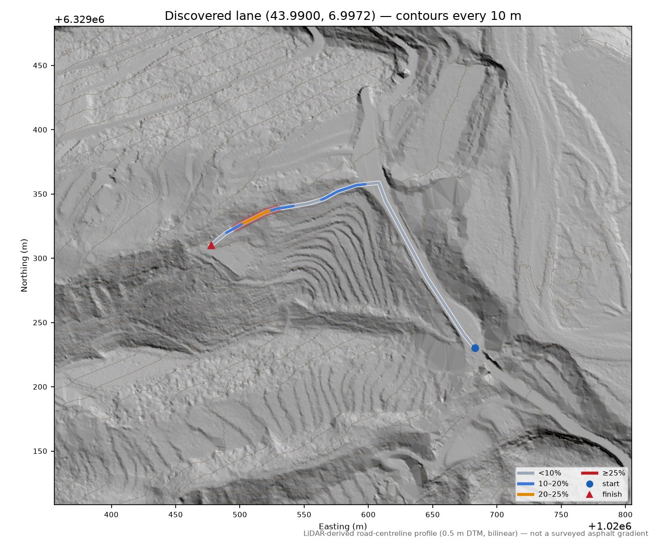 Discovered lane (43.9900, 6.9972) LiDAR hillshade map with contours