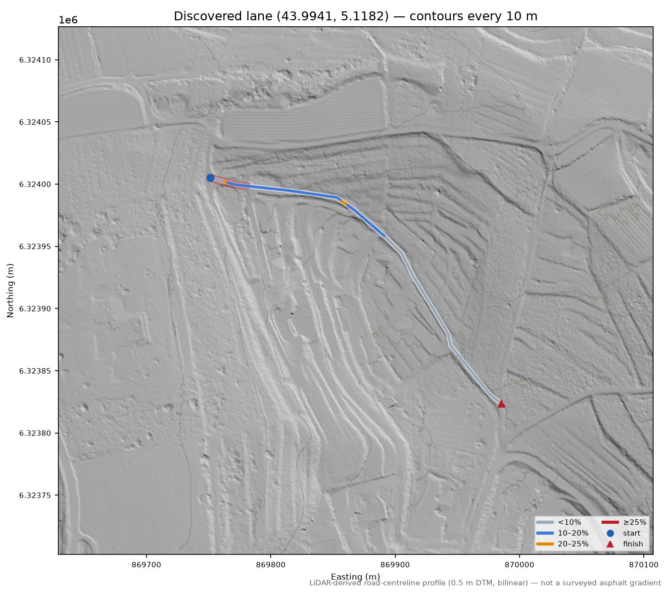 Discovered lane (43.9941, 5.1182) LiDAR hillshade map with contours