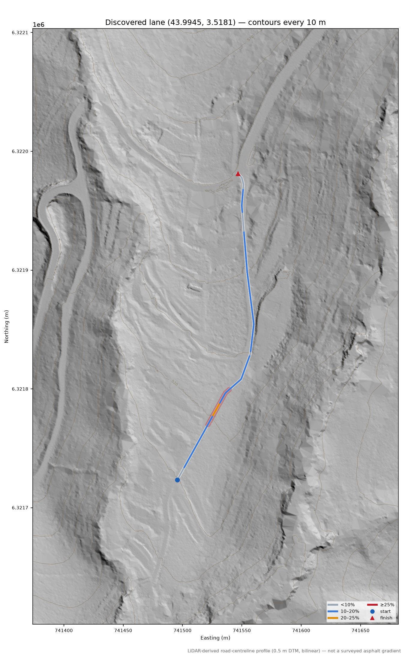 Discovered lane (43.9945, 3.5181) LiDAR hillshade map with contours