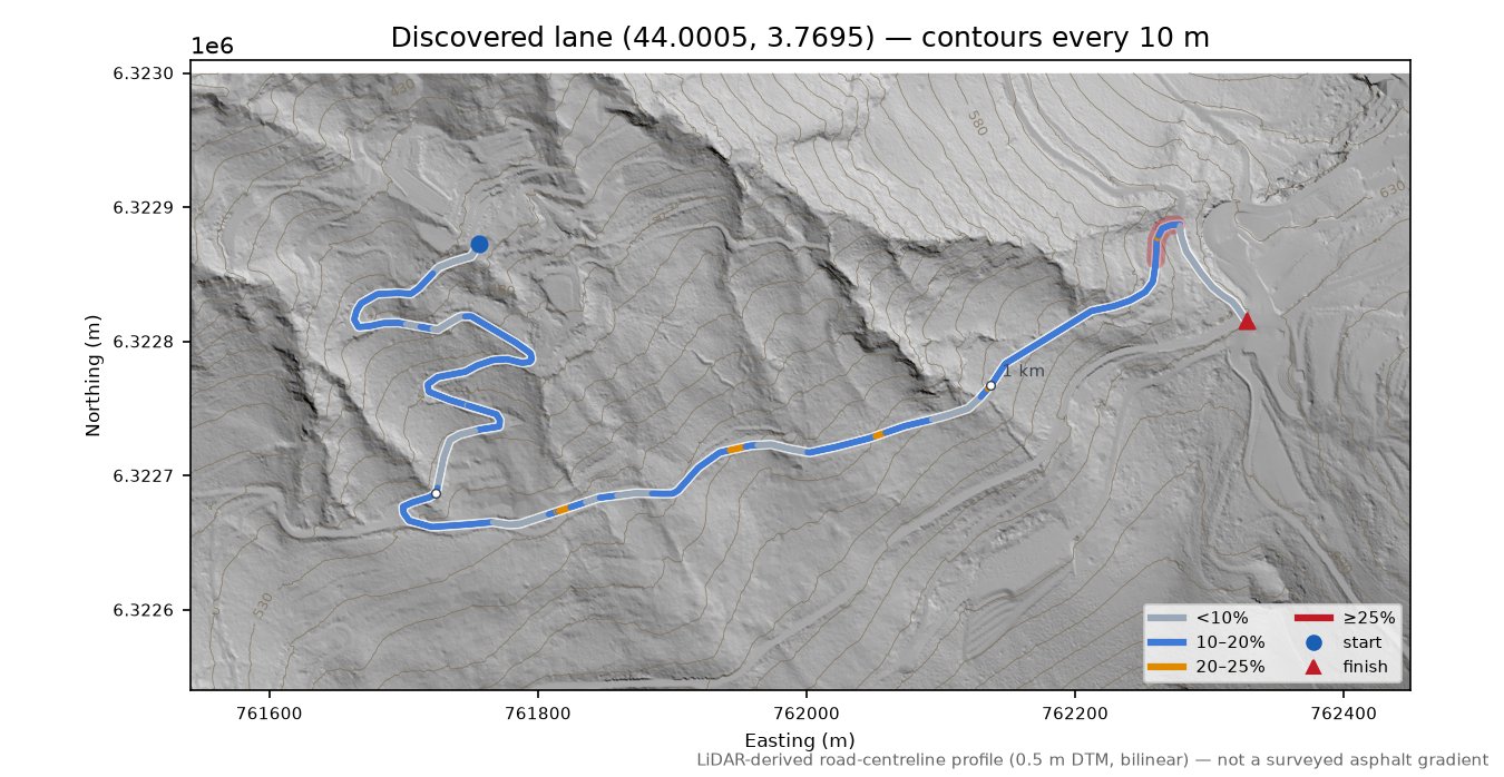Discovered lane (44.0005, 3.7695) LiDAR hillshade map with contours