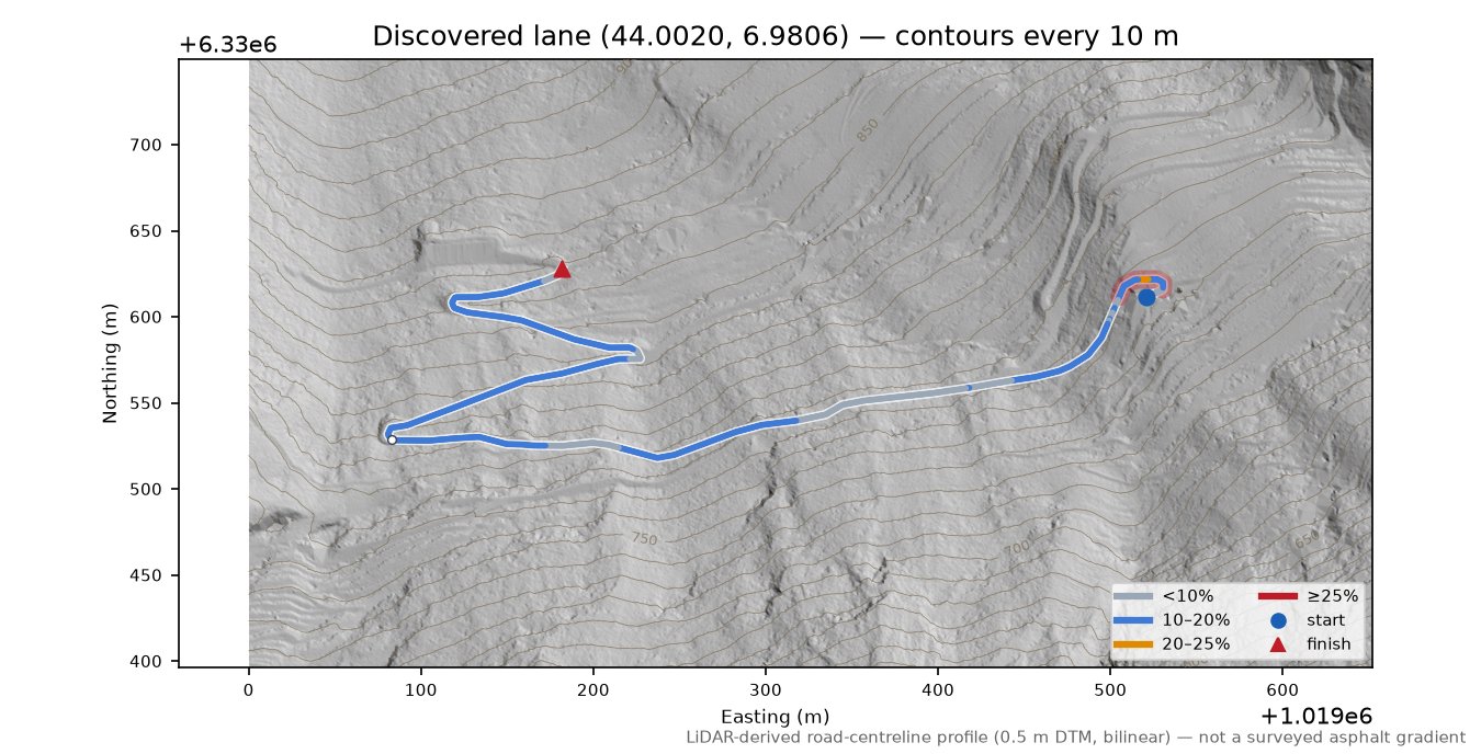 Discovered lane (44.0020, 6.9806) LiDAR hillshade map with contours