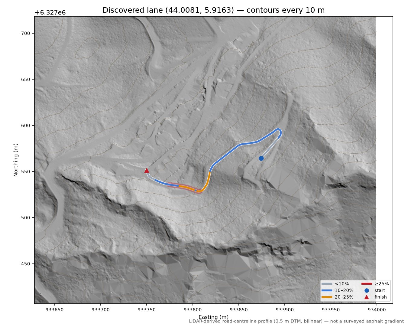 Discovered lane (44.0081, 5.9163) LiDAR hillshade map with contours