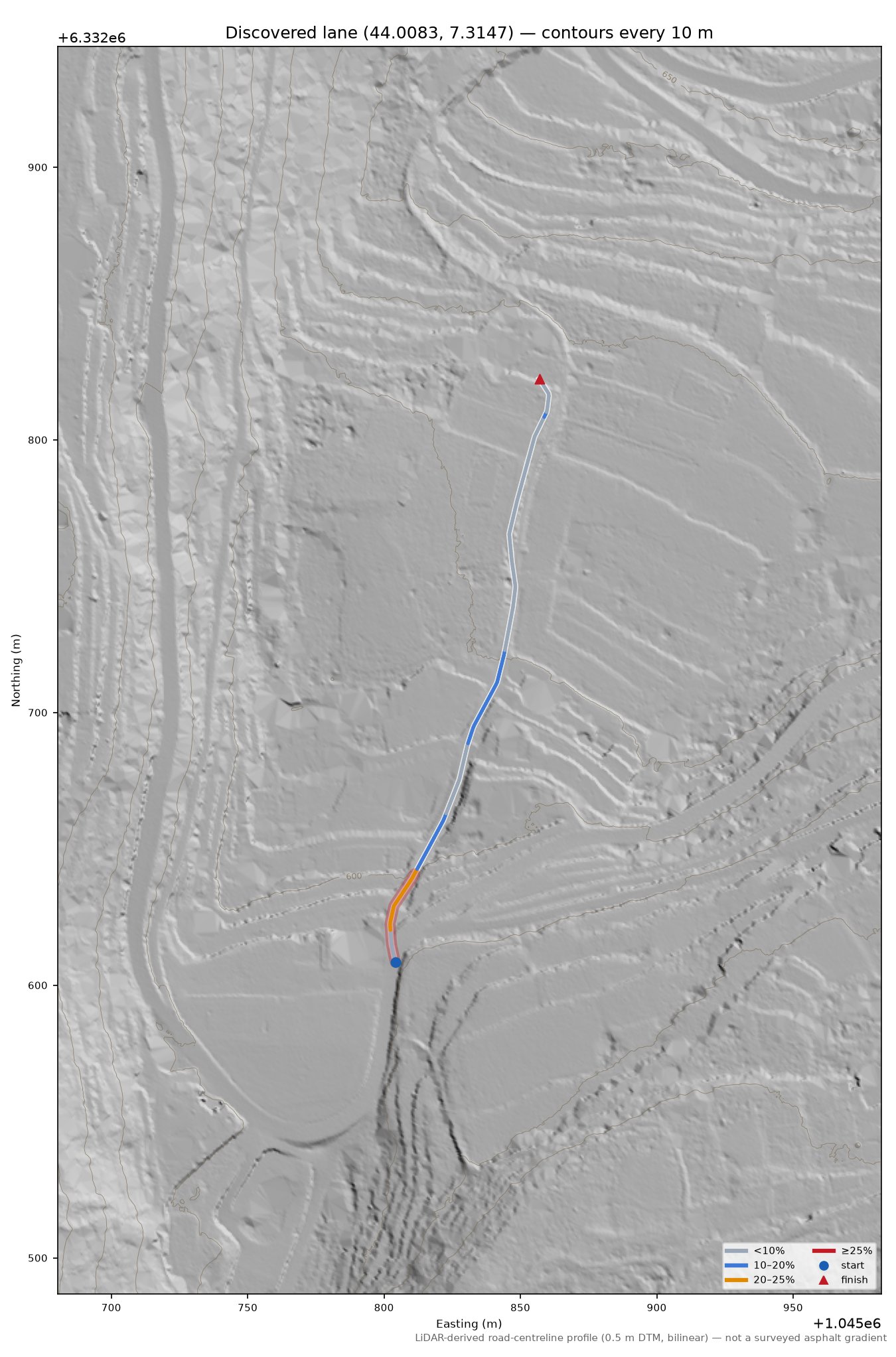 Discovered lane (44.0083, 7.3147) LiDAR hillshade map with contours