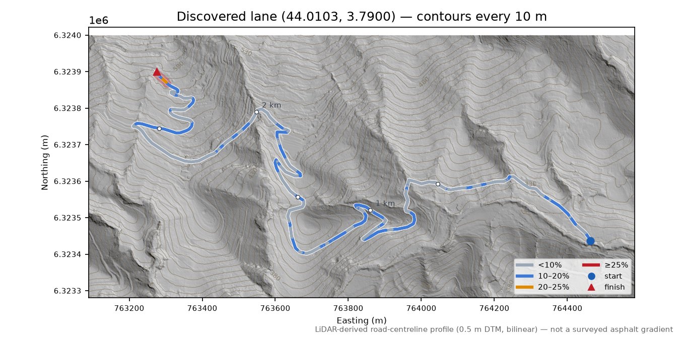 Discovered lane (44.0103, 3.7900) LiDAR hillshade map with contours