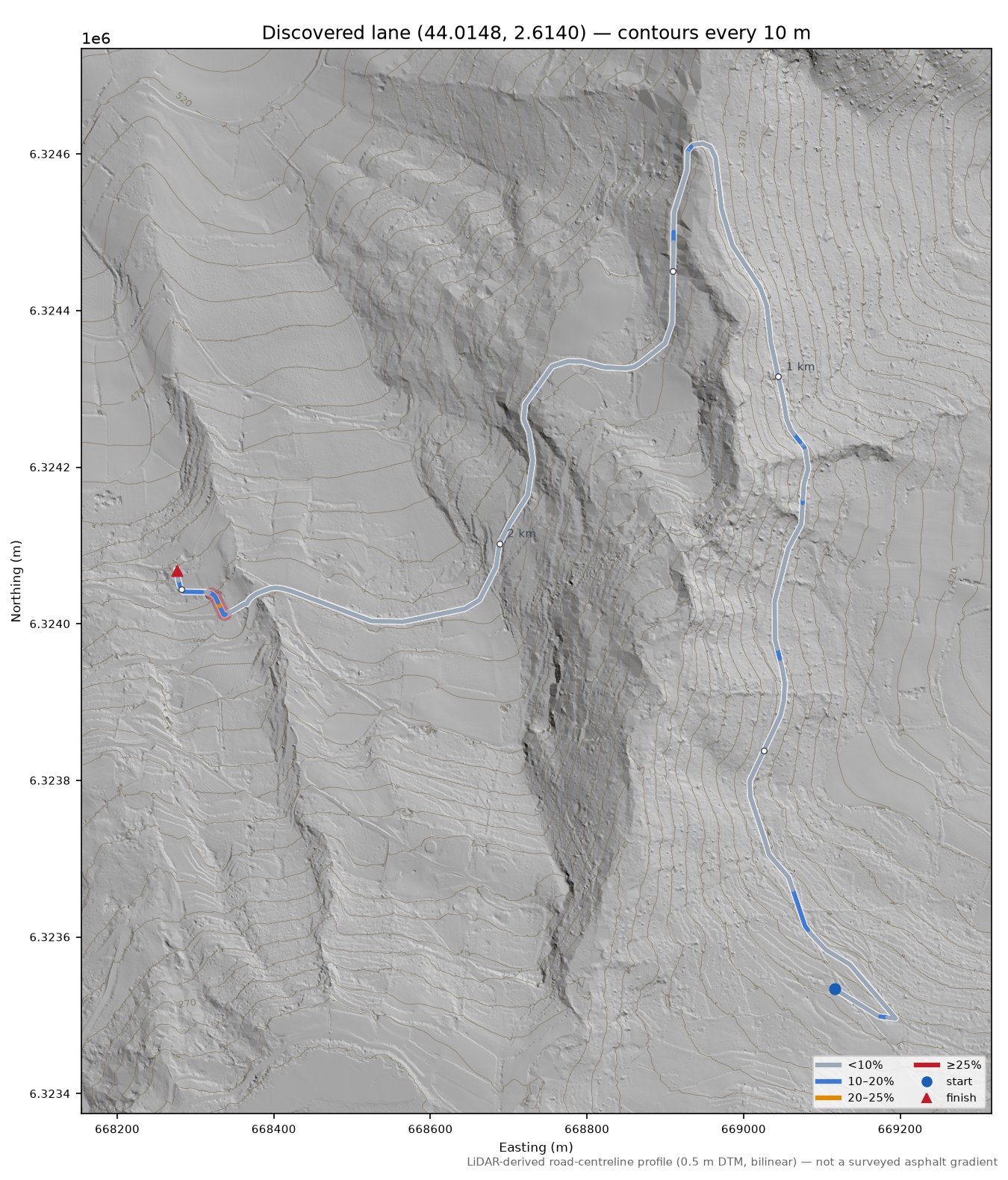 Discovered lane (44.0148, 2.6140) LiDAR hillshade map with contours
