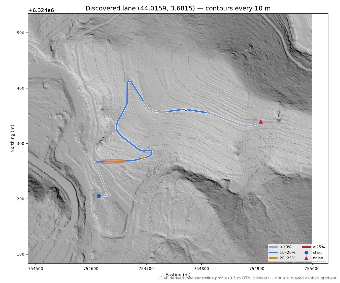 Discovered lane (44.0159, 3.6815) LiDAR hillshade map with contours
