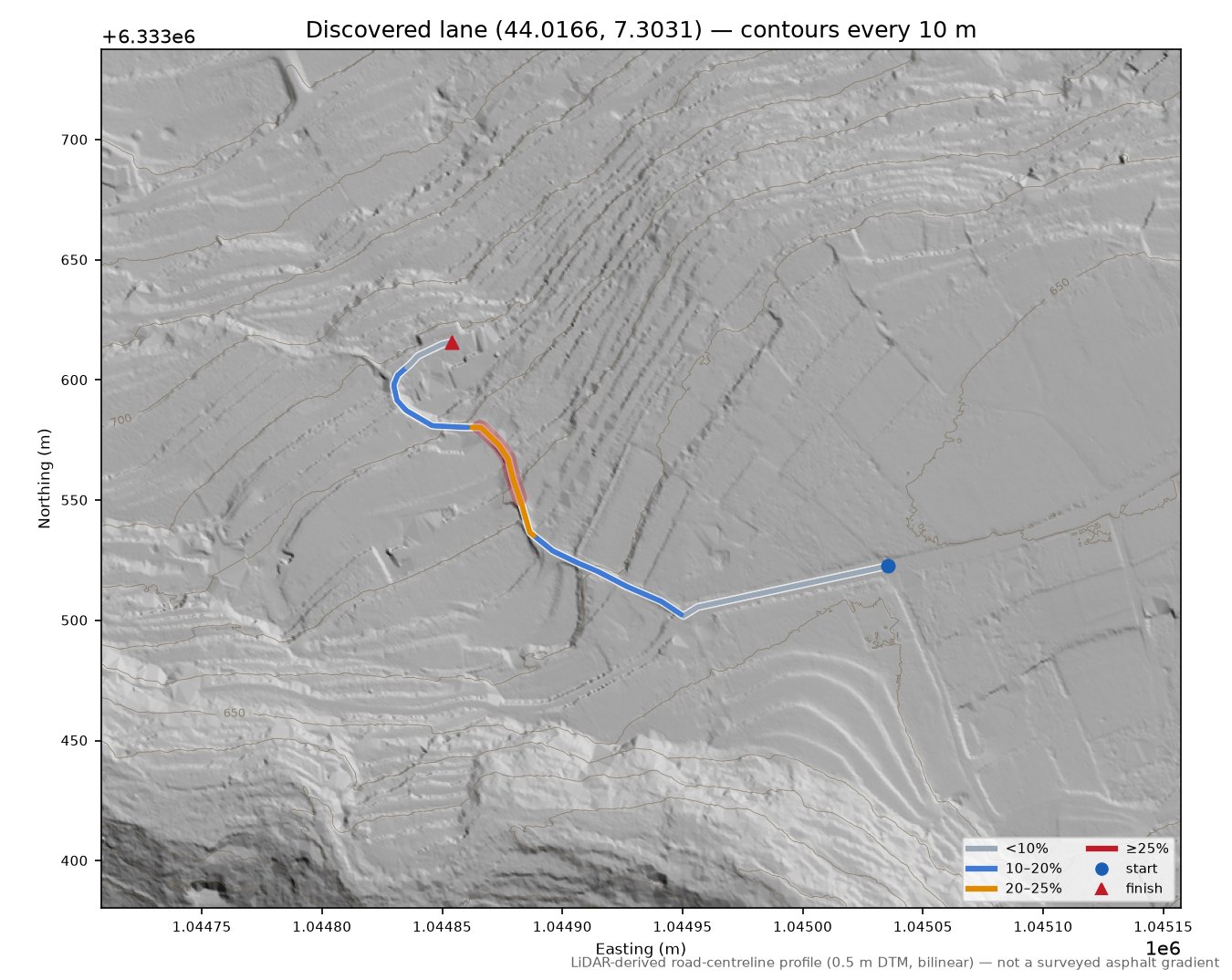 Discovered lane (44.0166, 7.3031) LiDAR hillshade map with contours