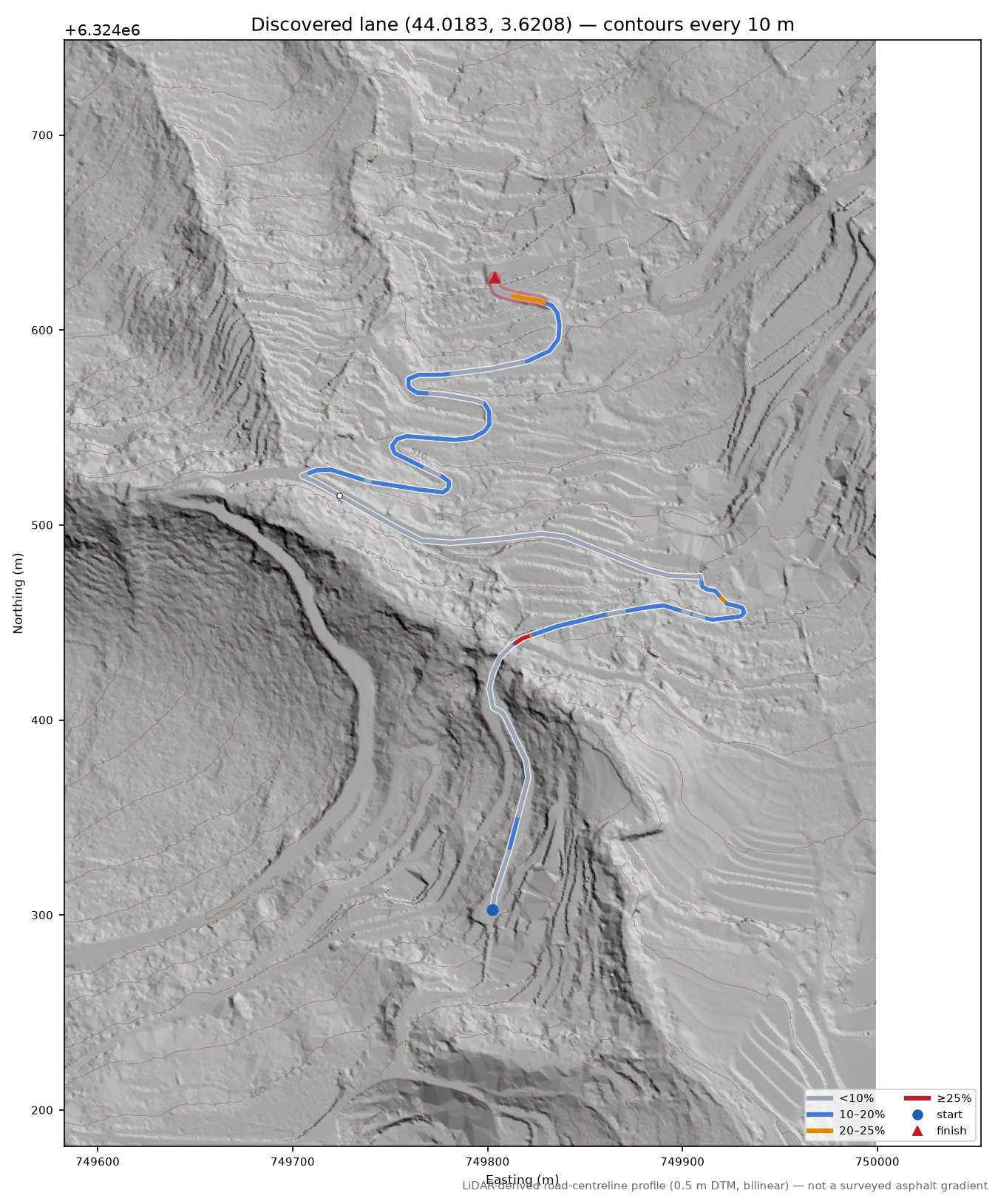 Discovered lane (44.0183, 3.6208) LiDAR hillshade map with contours