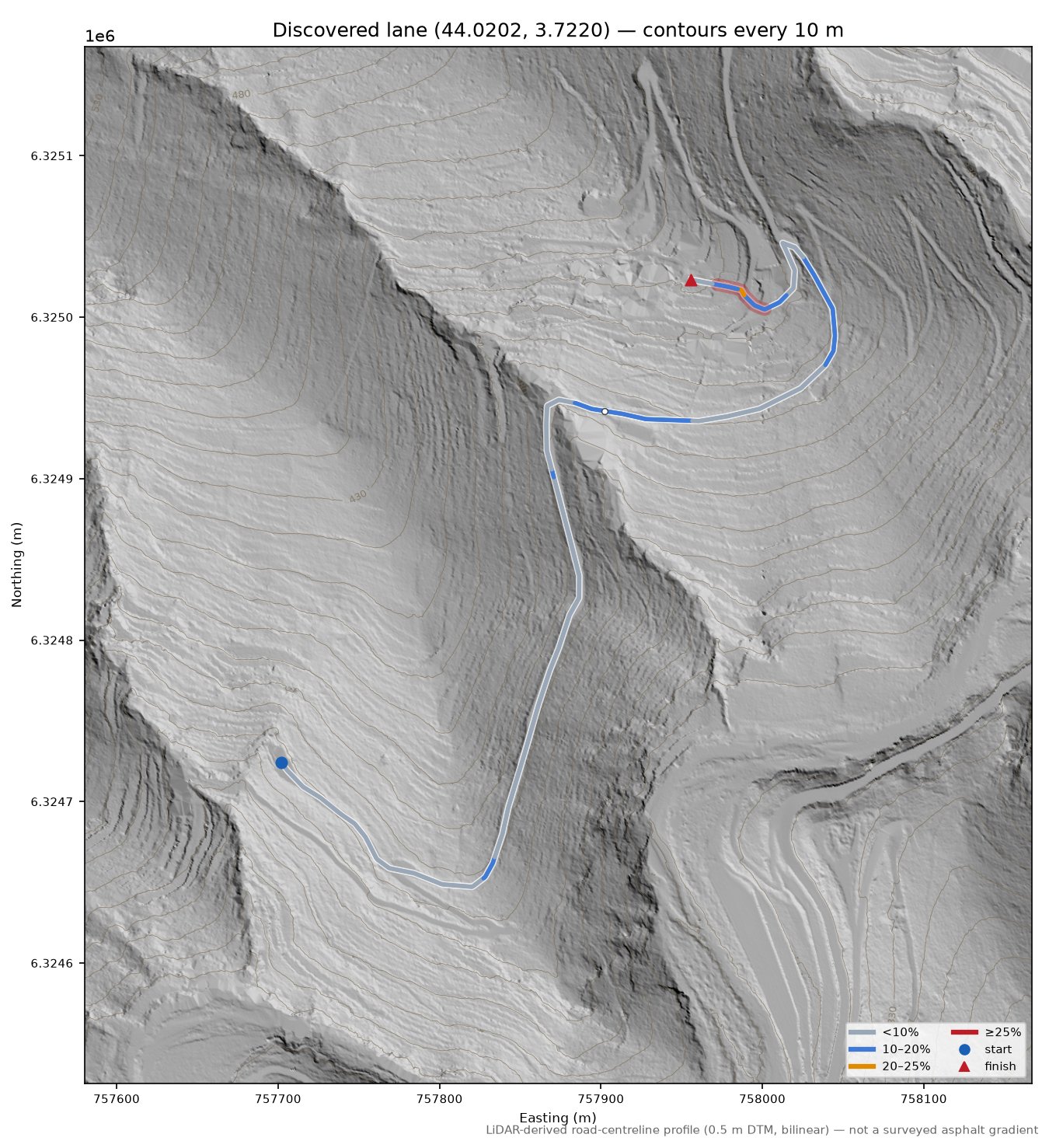 Discovered lane (44.0202, 3.7220) LiDAR hillshade map with contours
