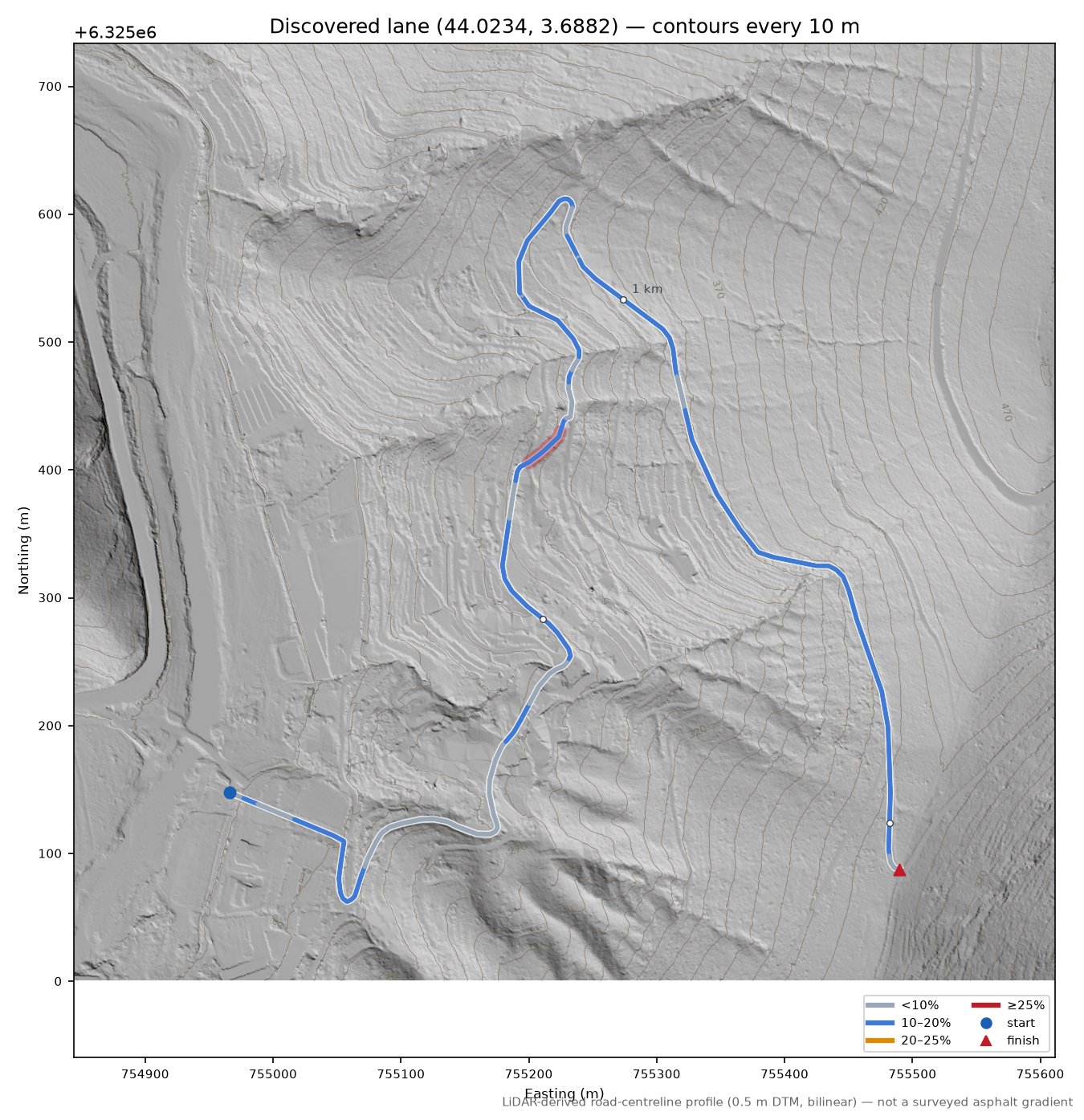 Discovered lane (44.0234, 3.6882) LiDAR hillshade map with contours