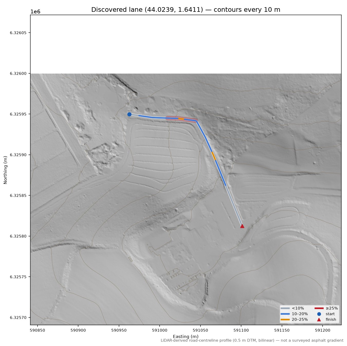 Discovered lane (44.0239, 1.6411) LiDAR hillshade map with contours
