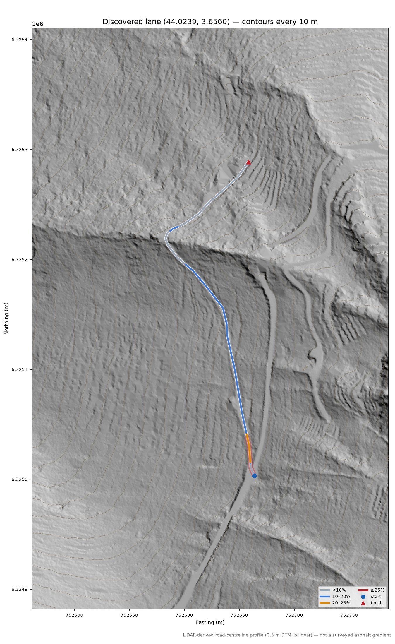 Discovered lane (44.0239, 3.6560) LiDAR hillshade map with contours