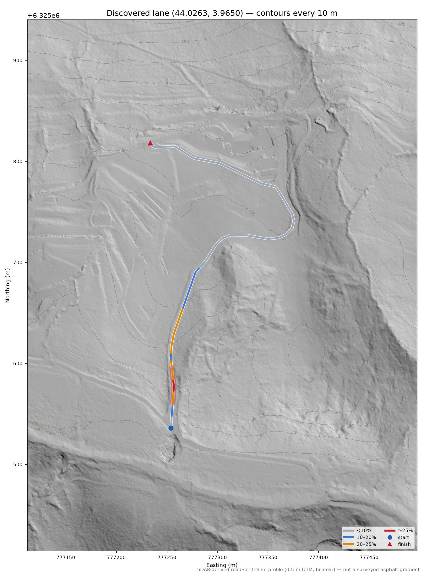 Discovered lane (44.0263, 3.9650) LiDAR hillshade map with contours