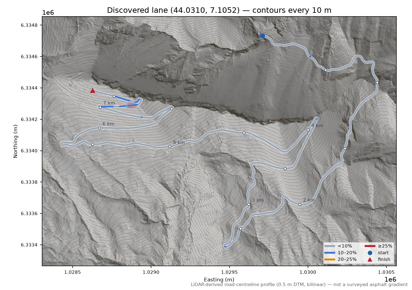 Discovered lane (44.0310, 7.1052) LiDAR hillshade map with contours