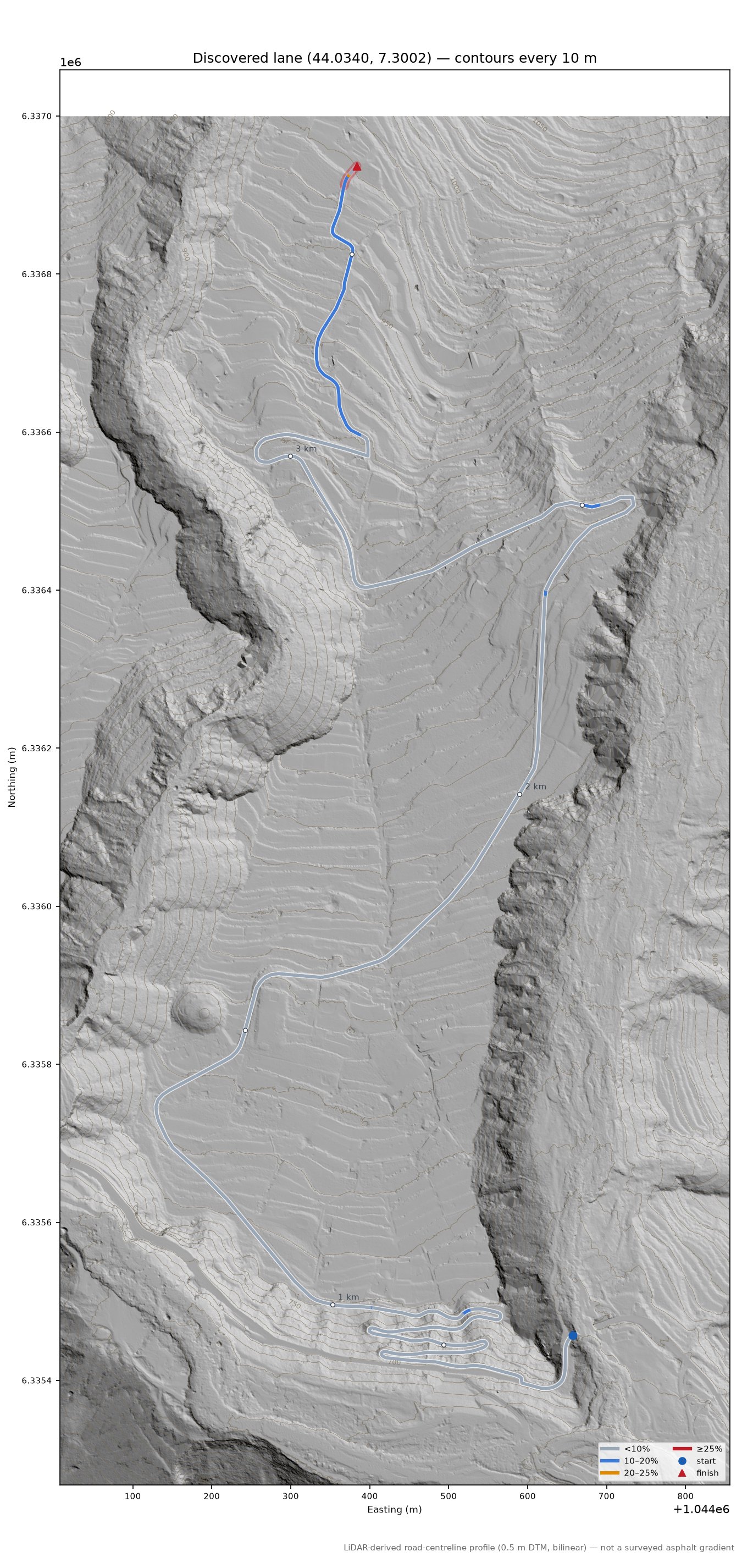 Discovered lane (44.0340, 7.3002) LiDAR hillshade map with contours