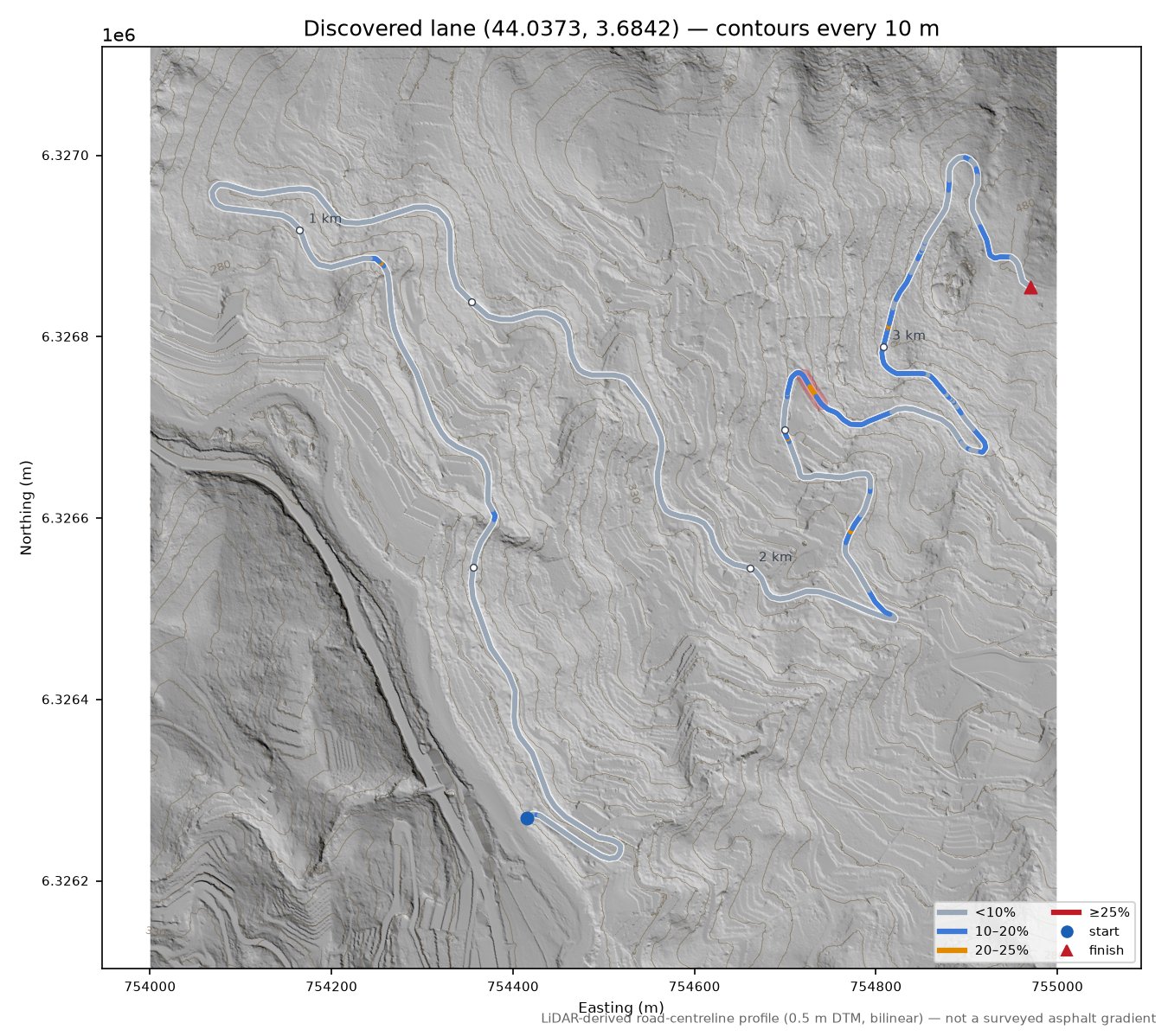 Discovered lane (44.0373, 3.6842) LiDAR hillshade map with contours