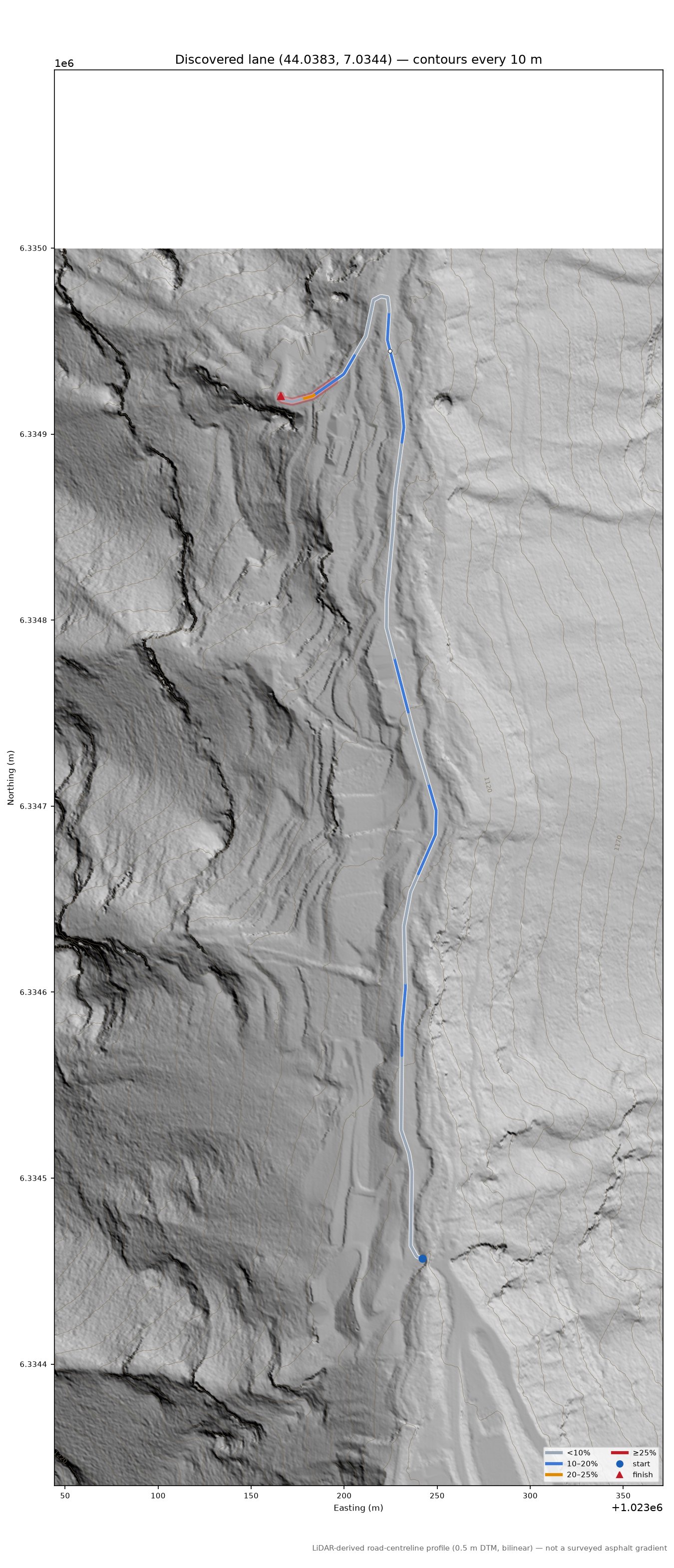 Discovered lane (44.0383, 7.0344) LiDAR hillshade map with contours