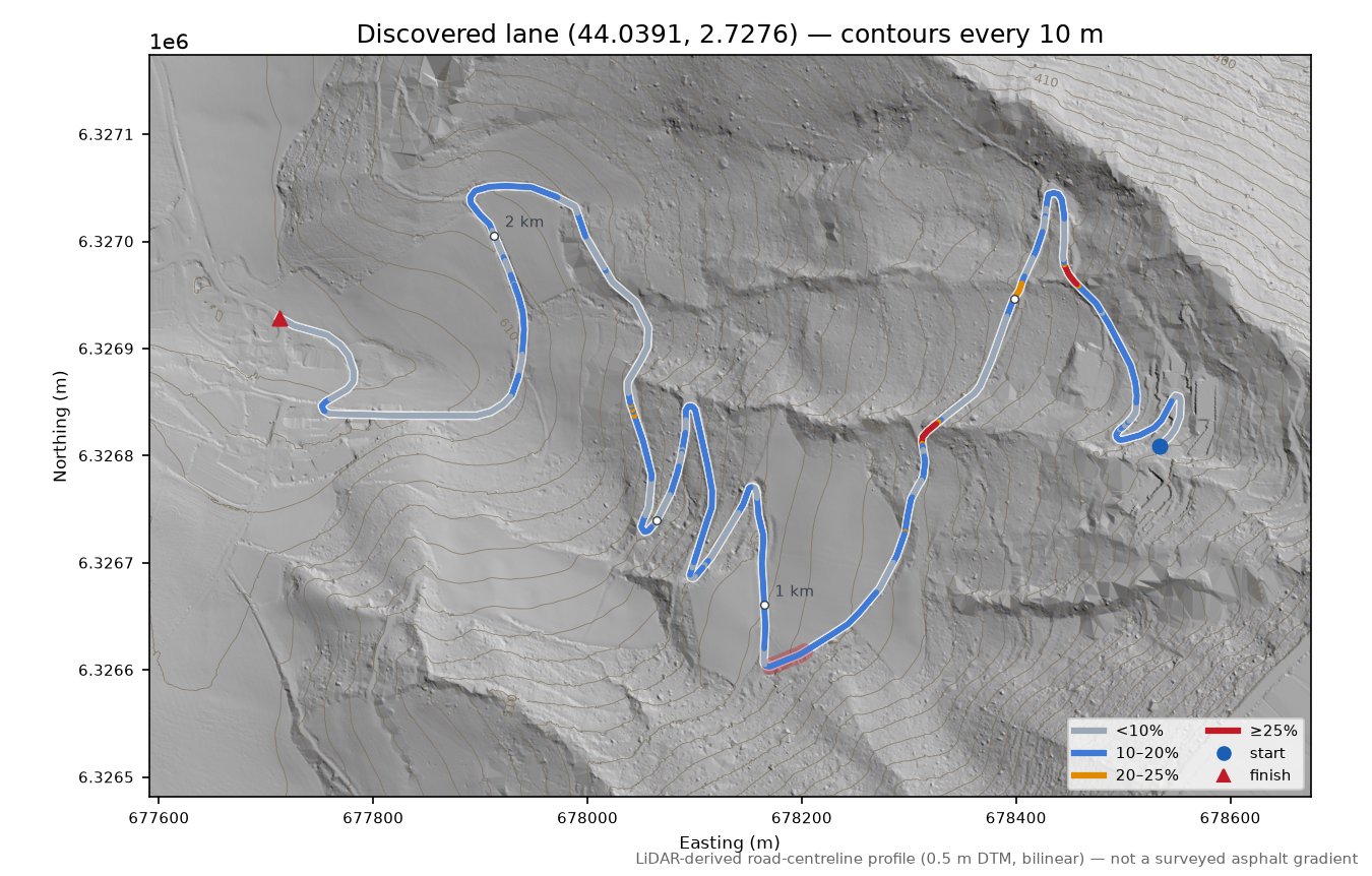 Discovered lane (44.0391, 2.7276) LiDAR hillshade map with contours