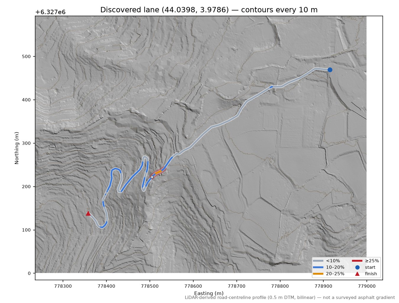 Discovered lane (44.0398, 3.9786) LiDAR hillshade map with contours