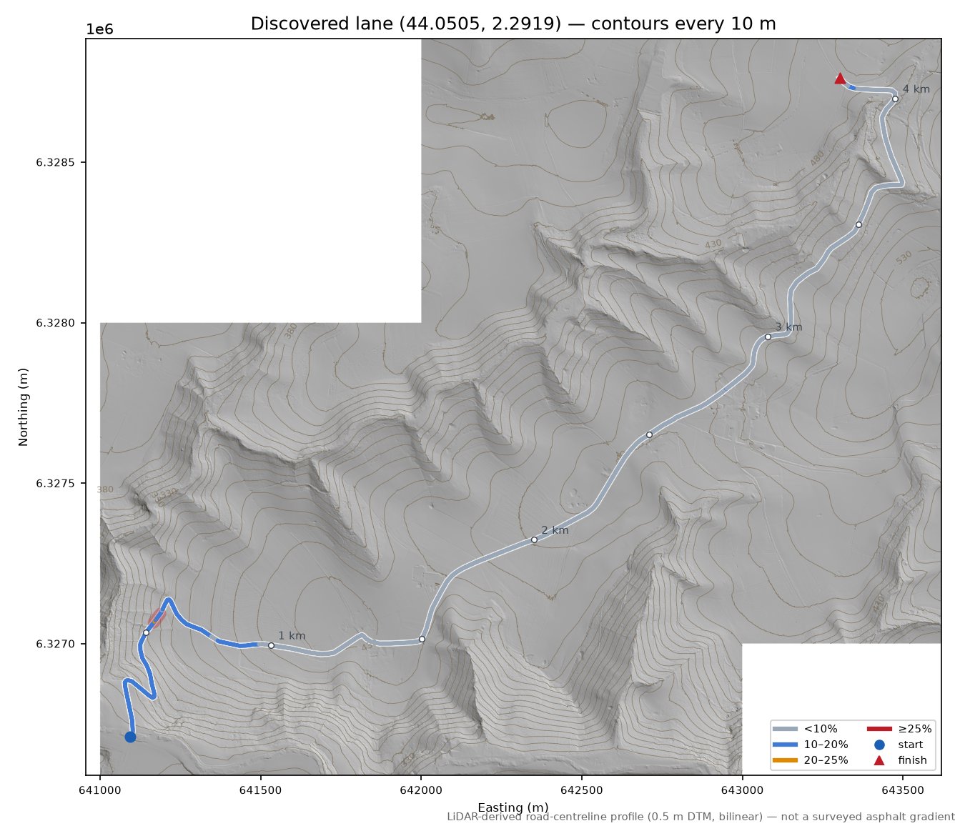 Discovered lane (44.0505, 2.2919) LiDAR hillshade map with contours