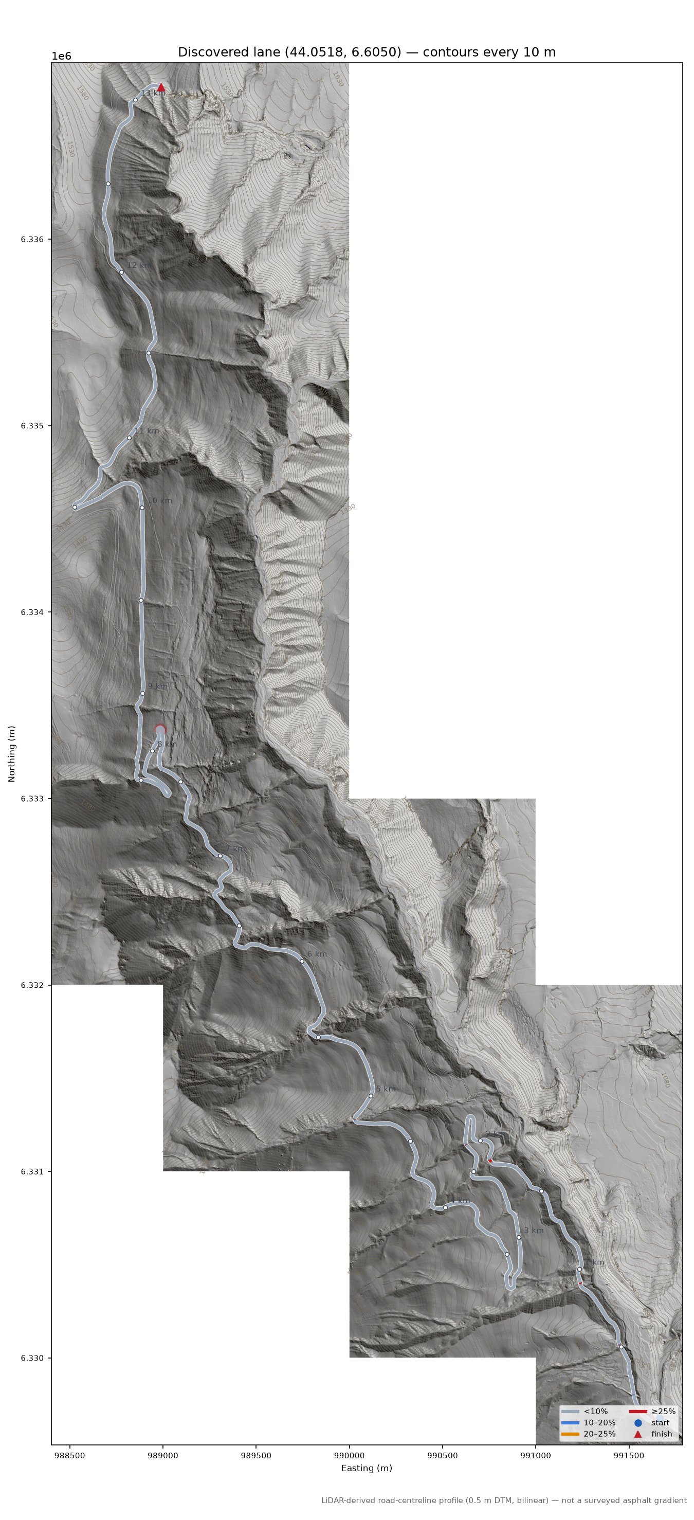 Discovered lane (44.0518, 6.6050) LiDAR hillshade map with contours