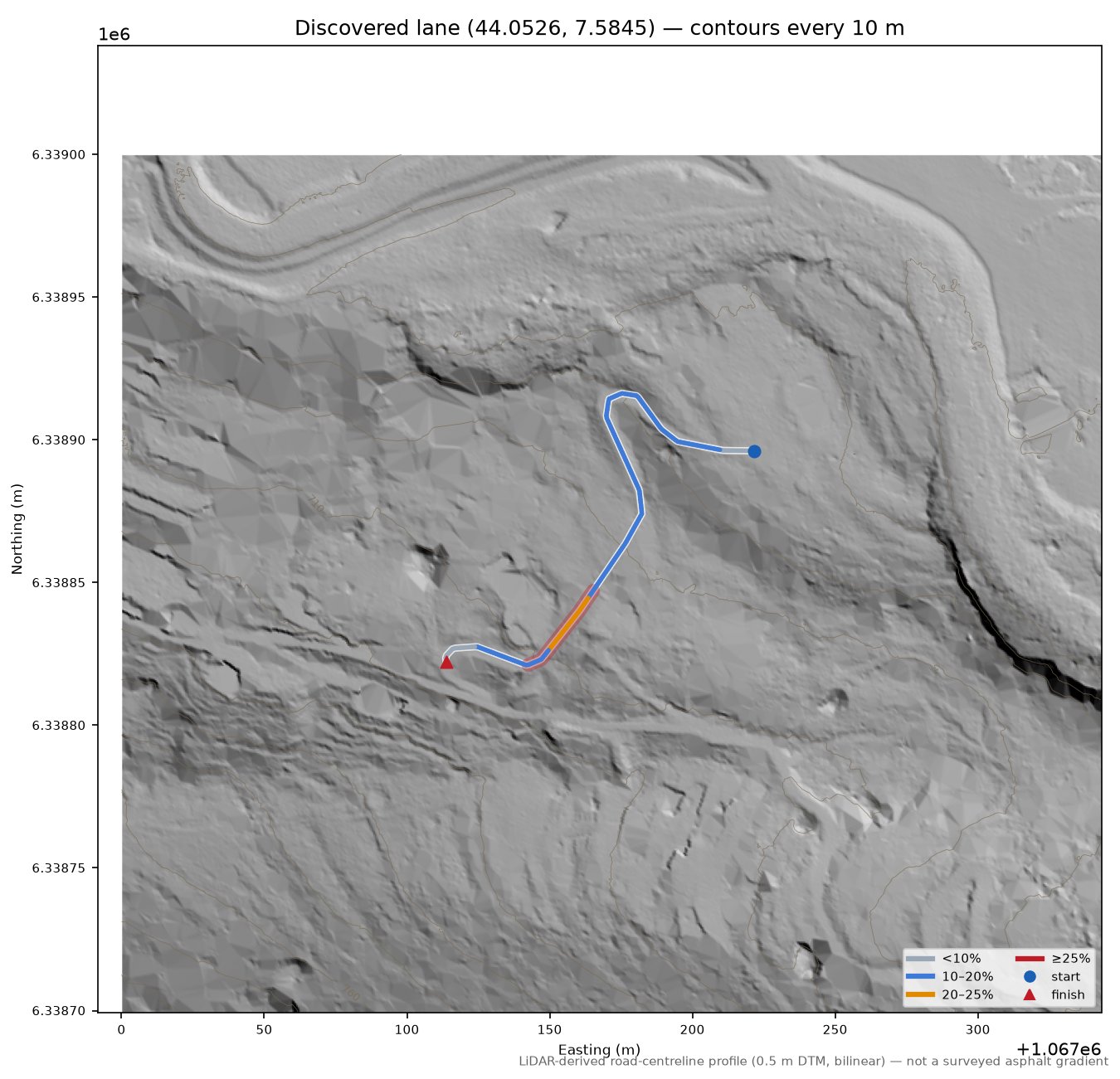 Discovered lane (44.0526, 7.5845) LiDAR hillshade map with contours