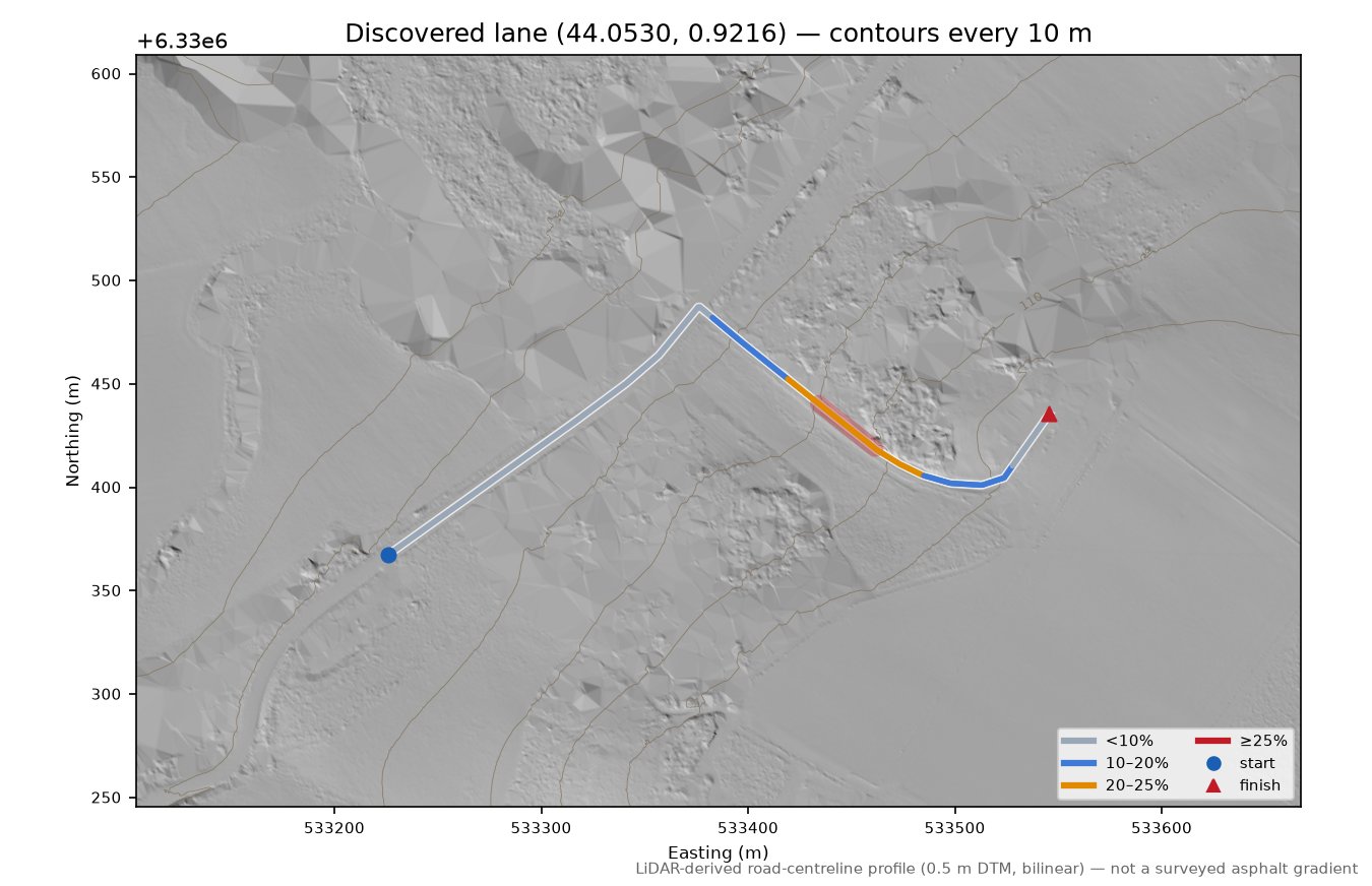 Discovered lane (44.0530, 0.9216) LiDAR hillshade map with contours