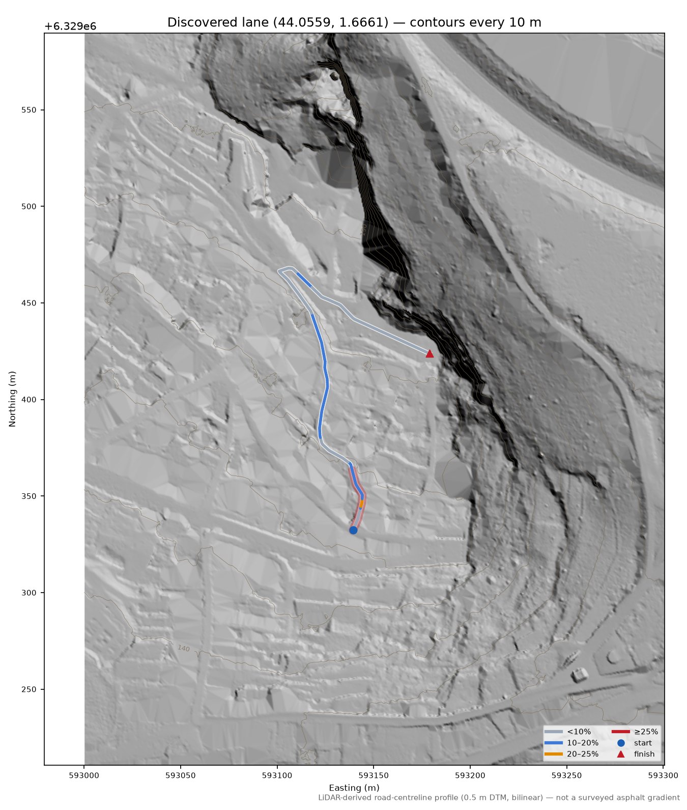 Discovered lane (44.0559, 1.6661) LiDAR hillshade map with contours